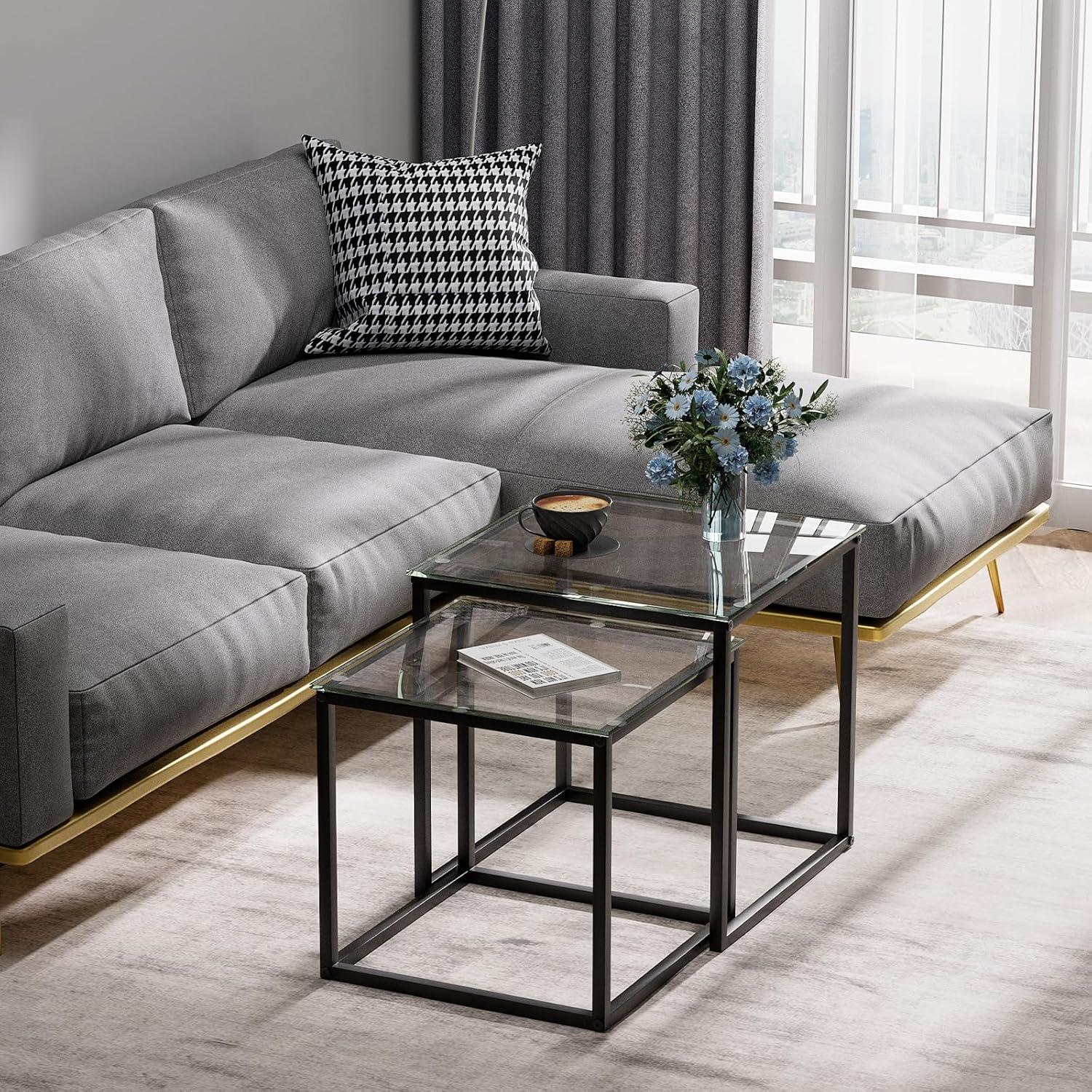 Coffee Table Set of 2, Modern Black Wooden Side Table, Metal Frame Square End Table, Center Tables,Nesting Coffee Table for Living Room,Bedroom and Small Spaces