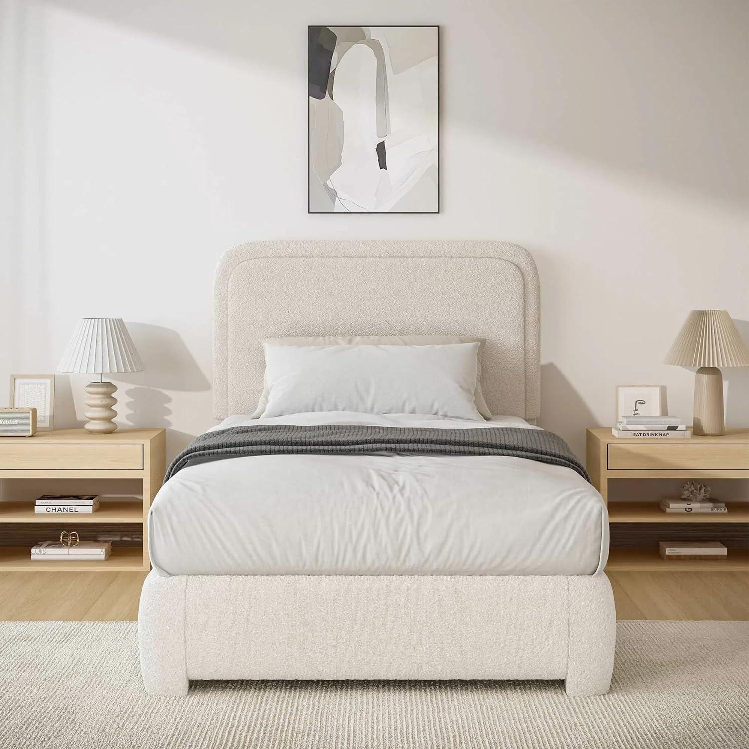 Manfred Boucle Upholstered Cloud Bed Frame with Rounded Corners Headboard, Soft Platform Bed Frame with Thickened Footboard