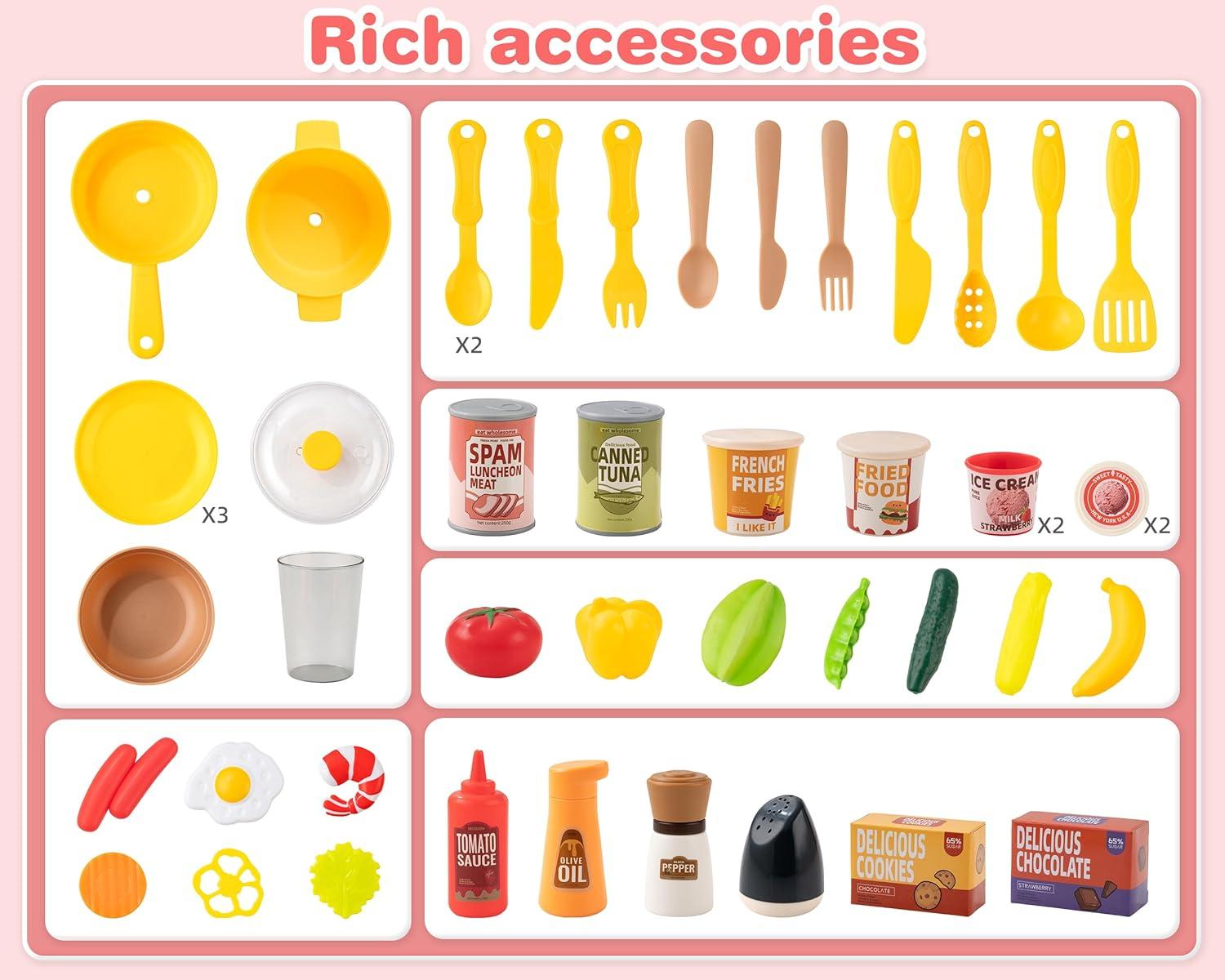 Koppop Kids Kitchen Playset 50pcs - with Sound, Light & Steam Effects, Pretend Play Toys Includes Food, Sink & Stove, Ideal for Boys & Girls Ages 3-6 (Red).