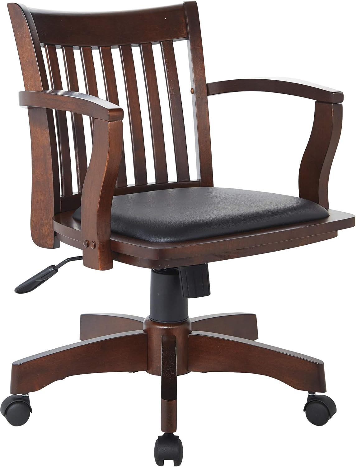 Espresso Wood Banker's Desk Chair with Black Vinyl Seat