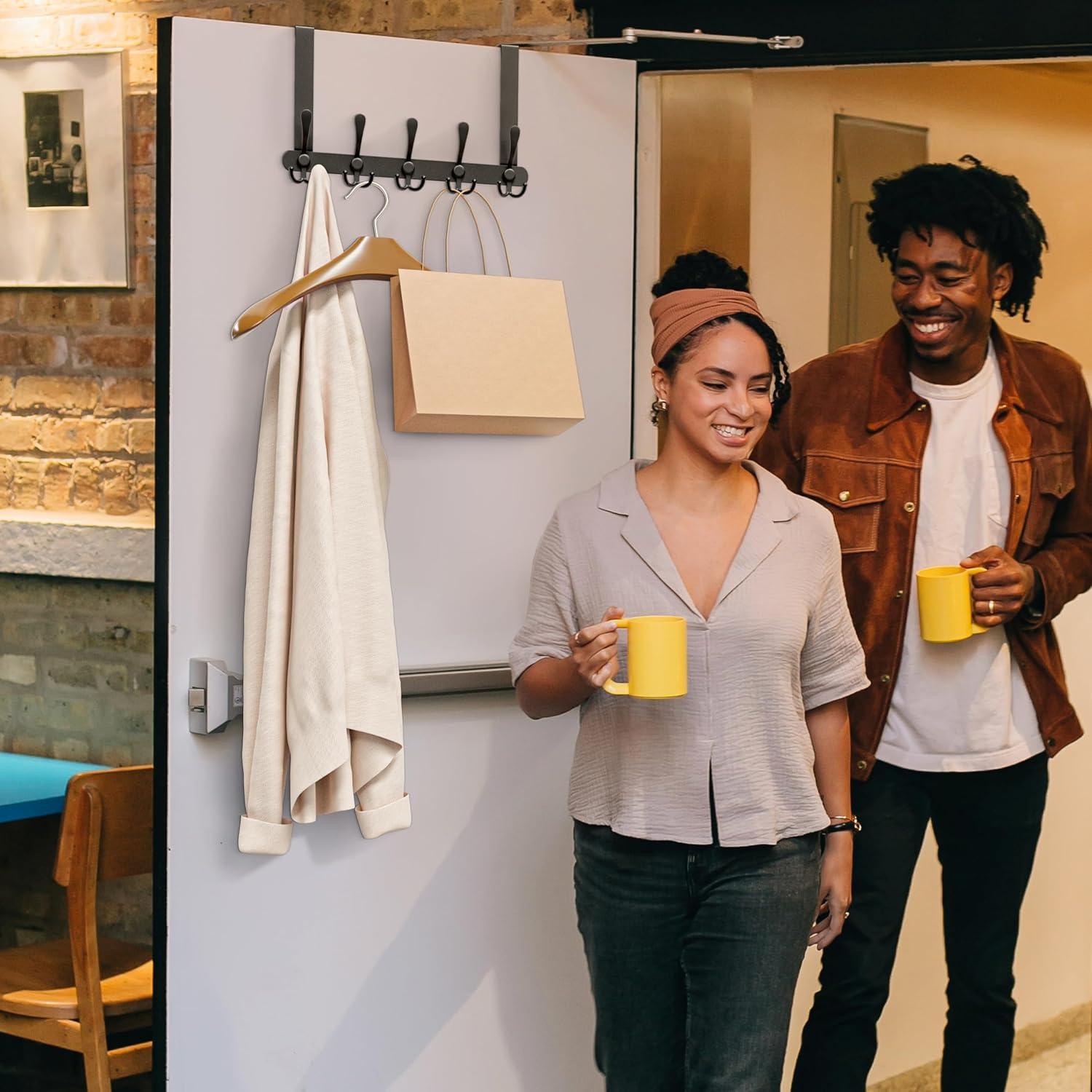 Matte Black Over The Door Hooks - Heavy Duty Stainless Steel Door Hanger Holder with 5 Tri Hooks for Hanging Coat Robe Hat Bag Towel Rack Bathroom, Bedroom, Closet – 1 Pack