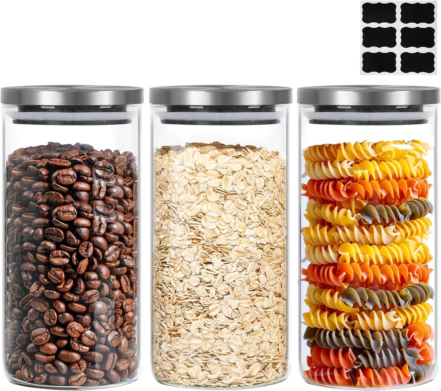 44Oz Glass Storage Containers With Lids, Glass Jars With Lids, Clear Food Storage Jar, Square Glass Canister Set Of 3, Pantry Organizers And Storage For Flour Oat Pasta Tea Cookie Coffee Bean