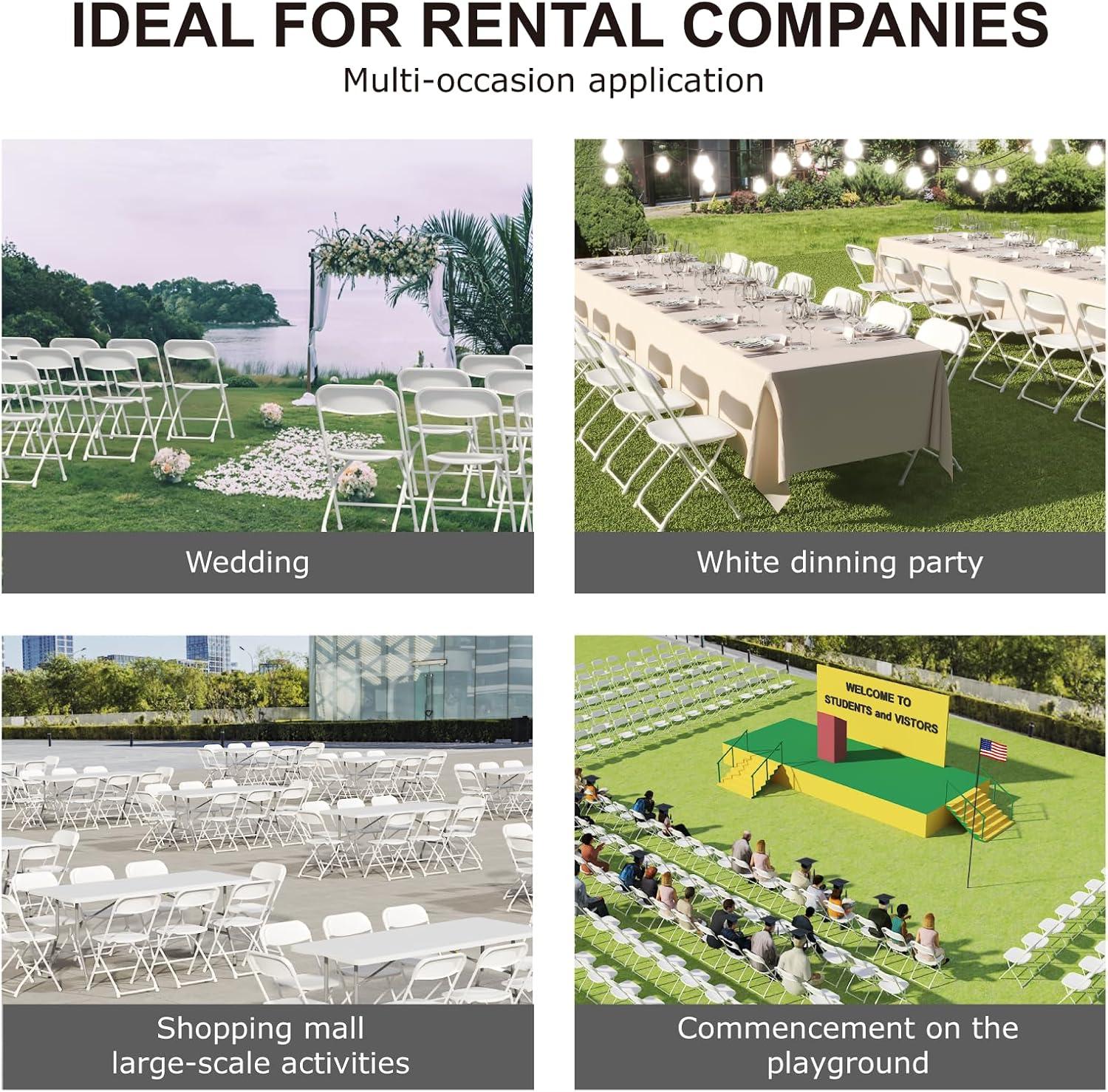 White Folding Chair, Plastic Folding Chairs 10 Pack for Outside, Indoor Outdoor Chairs with Steel Frame, Foldable Chair for Wedding Camping Dining Renting in Patio Lawn, 350LBS Capacity