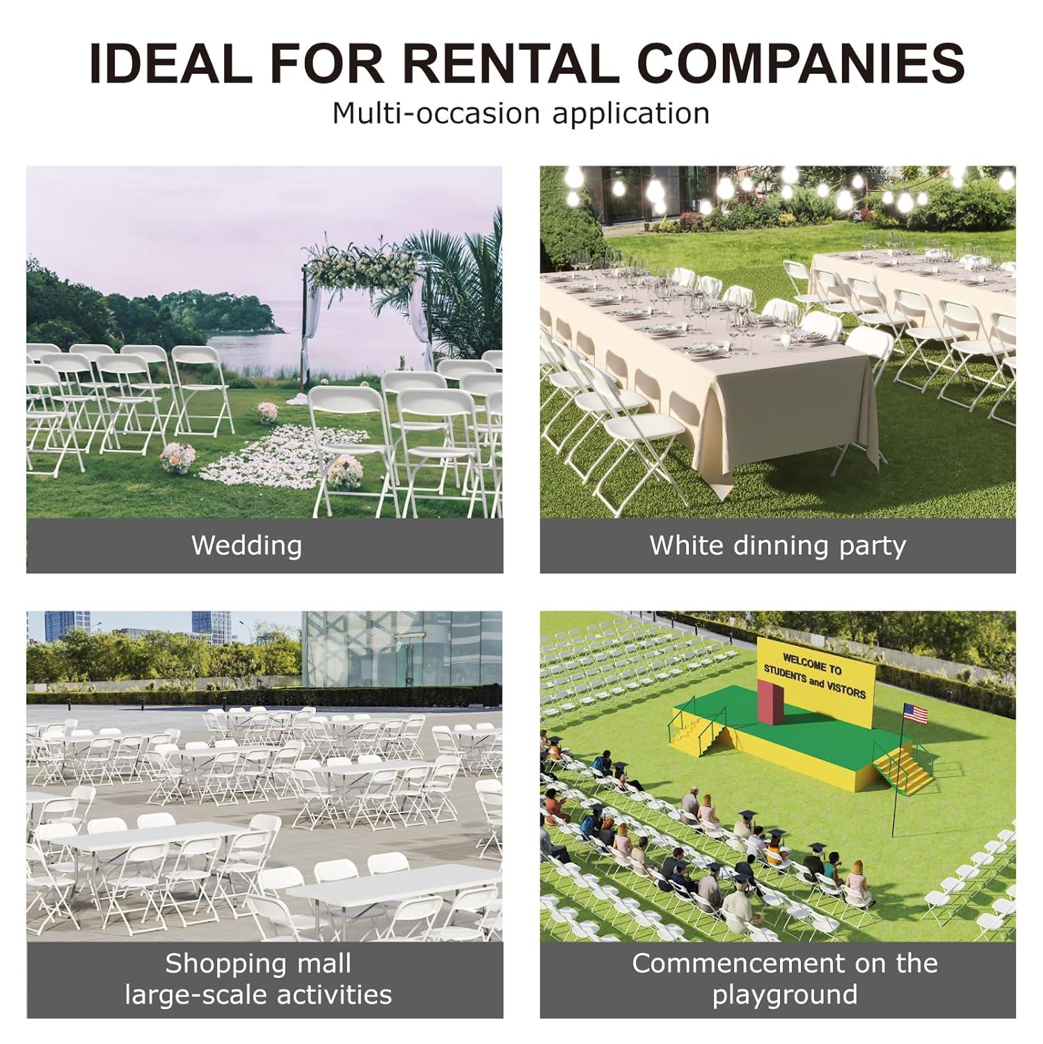 White Folding Chair, Plastic Folding Chairs 10 Pack for Outside, Indoor Outdoor Chairs with Steel Frame, Foldable Chair for Wedding Camping Dining Renting in Patio Lawn, 350LBS Capacity