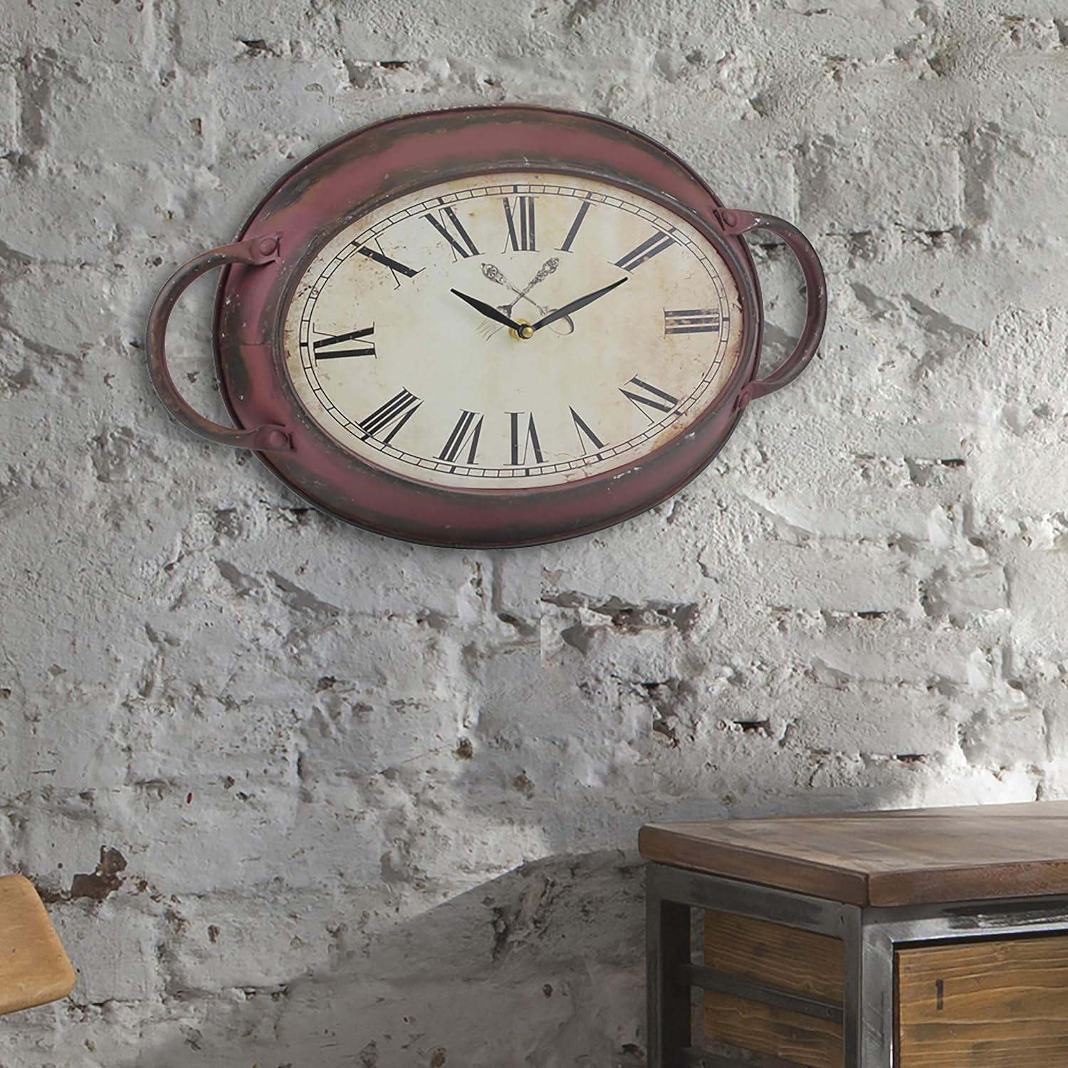 16.5" Red Rustic Metal Oval Wall Clock with Roman Numerals