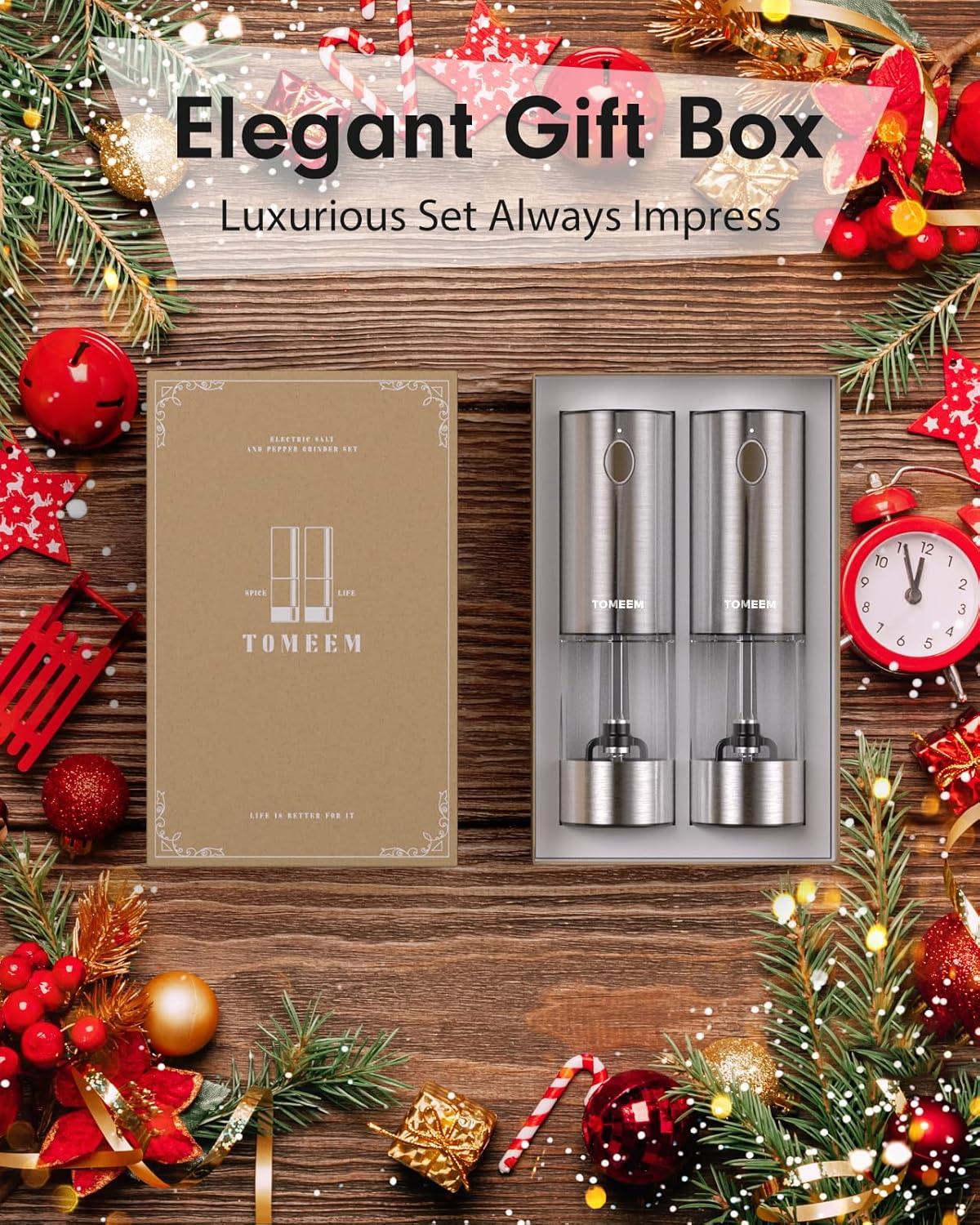 TOMEEM Electric Salt and Pepper Grinder Set Stainless Steel Automatic One Hand Operation Adjustable Coarseness Mill Grinders Shakers & LED Light Refillable