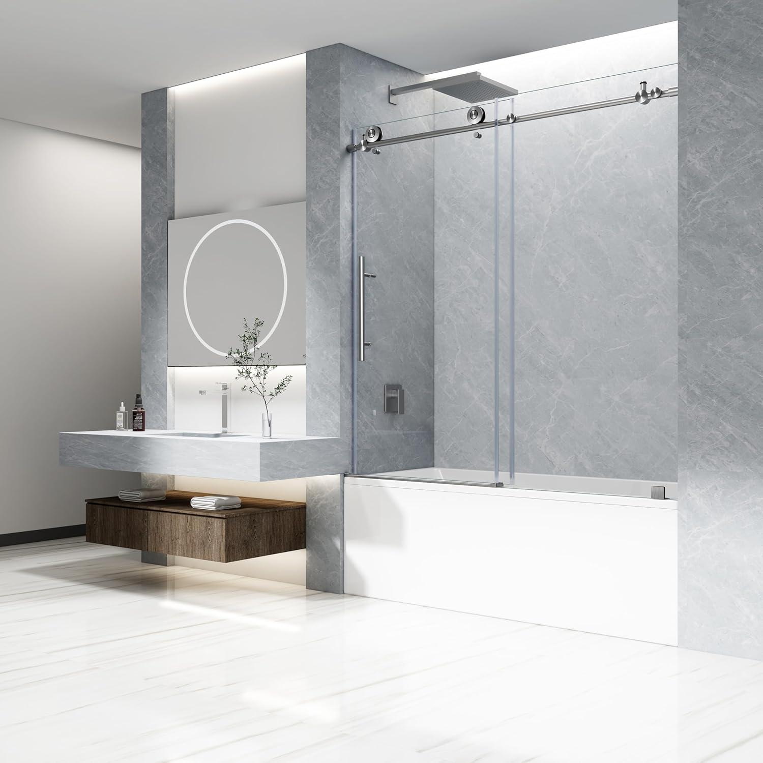 Frameless Sliding Shower Door, 76 x (44-48) Inch Frameless Shower Door, 5/16" (8mm) Clear Tempered Glass in Brushed Nickel Finish, Glass Shower Door