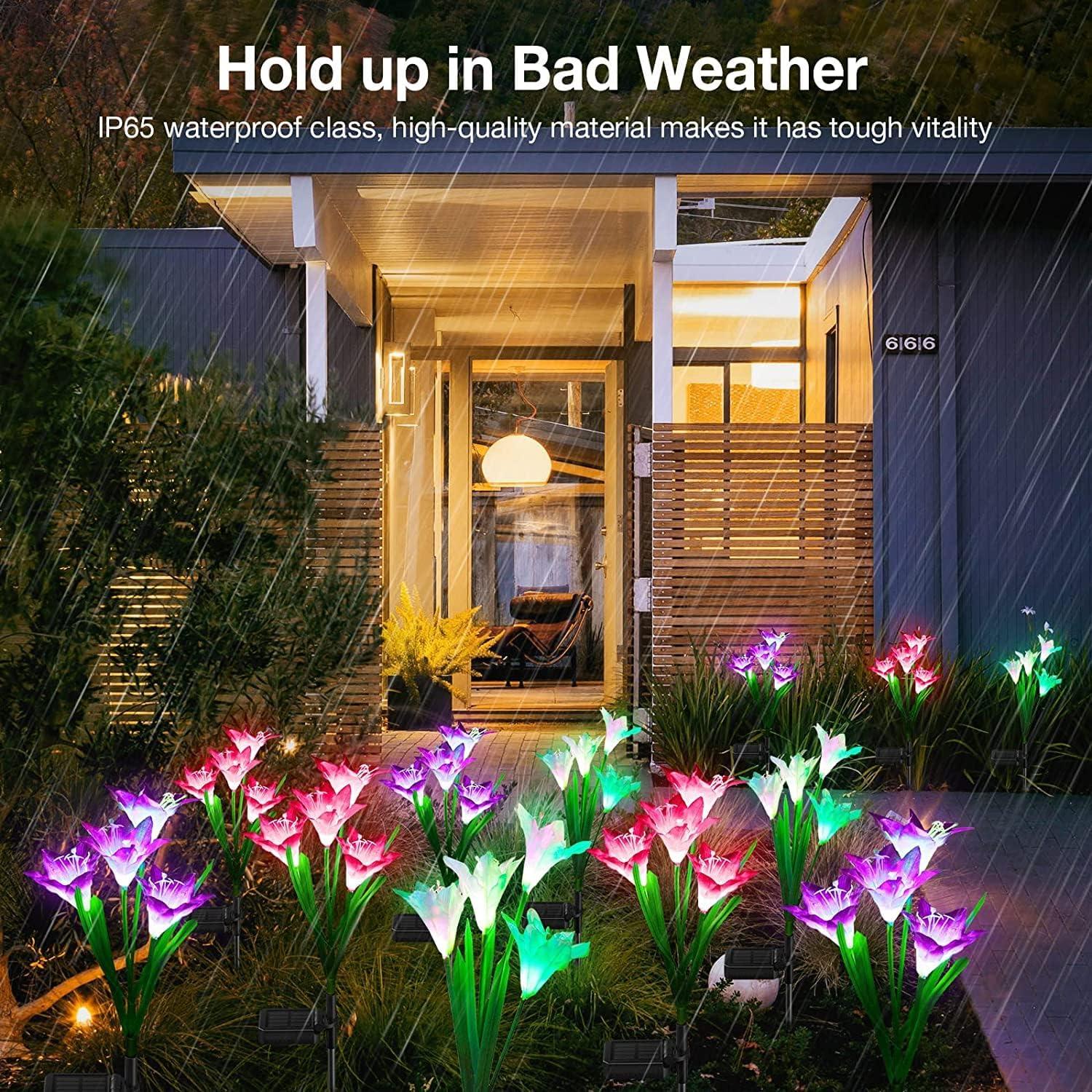 KOMI Outdoor Solar Lights, 4 Pack Solar Garden Lights with Bigger Lily Flowers, Waterproof 7 Color Changing Solar Lights Outdoor - Bigger Solar Panel for Outdoor Patio Yard Garden Decoration