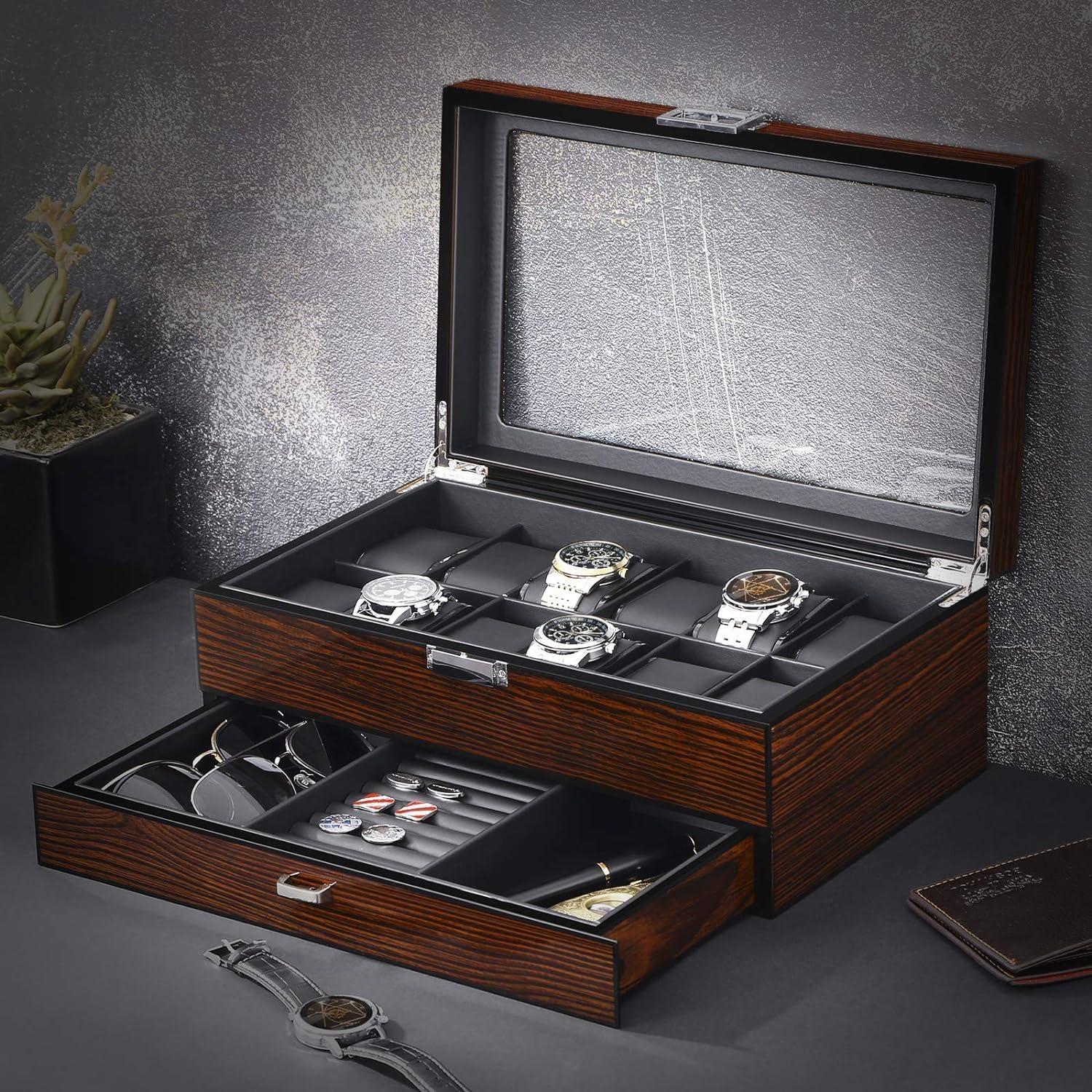 12 Watch Box With Valet Drawer, Luxury Watch Case,Watch Organizer Accessories With Real Glass Top,Metal Hinge, Brown