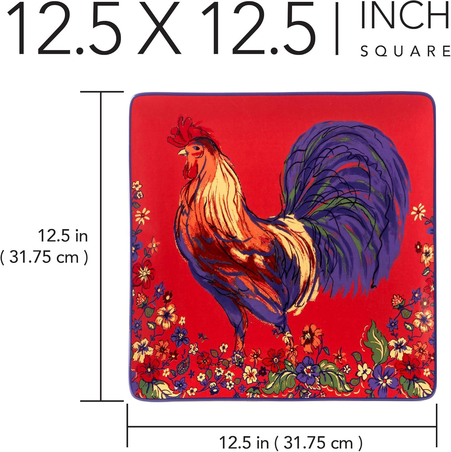 Vibrant Red Ceramic Square Platter with Rooster Design