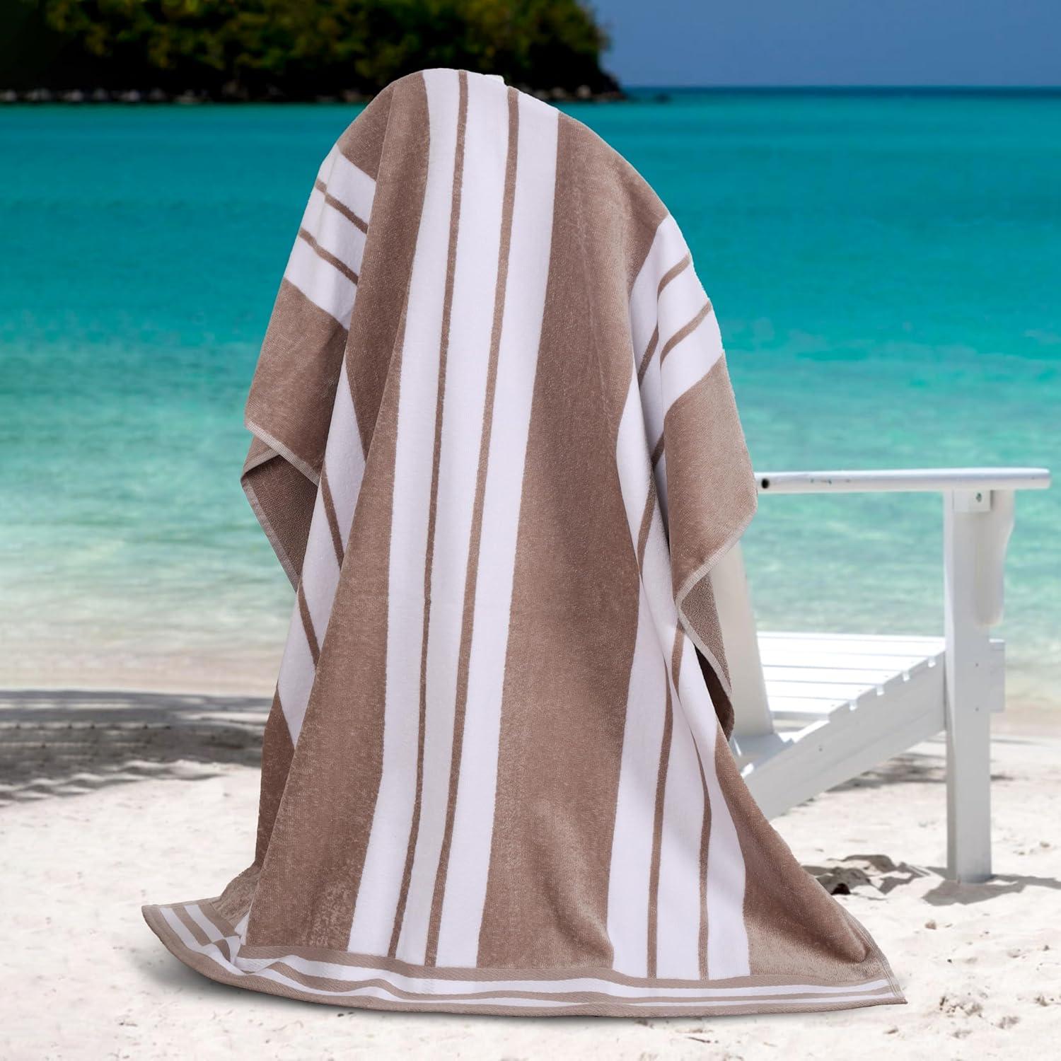 Superior Cotton Striped Oversized Beach Towel, 34" x 64", Taupe