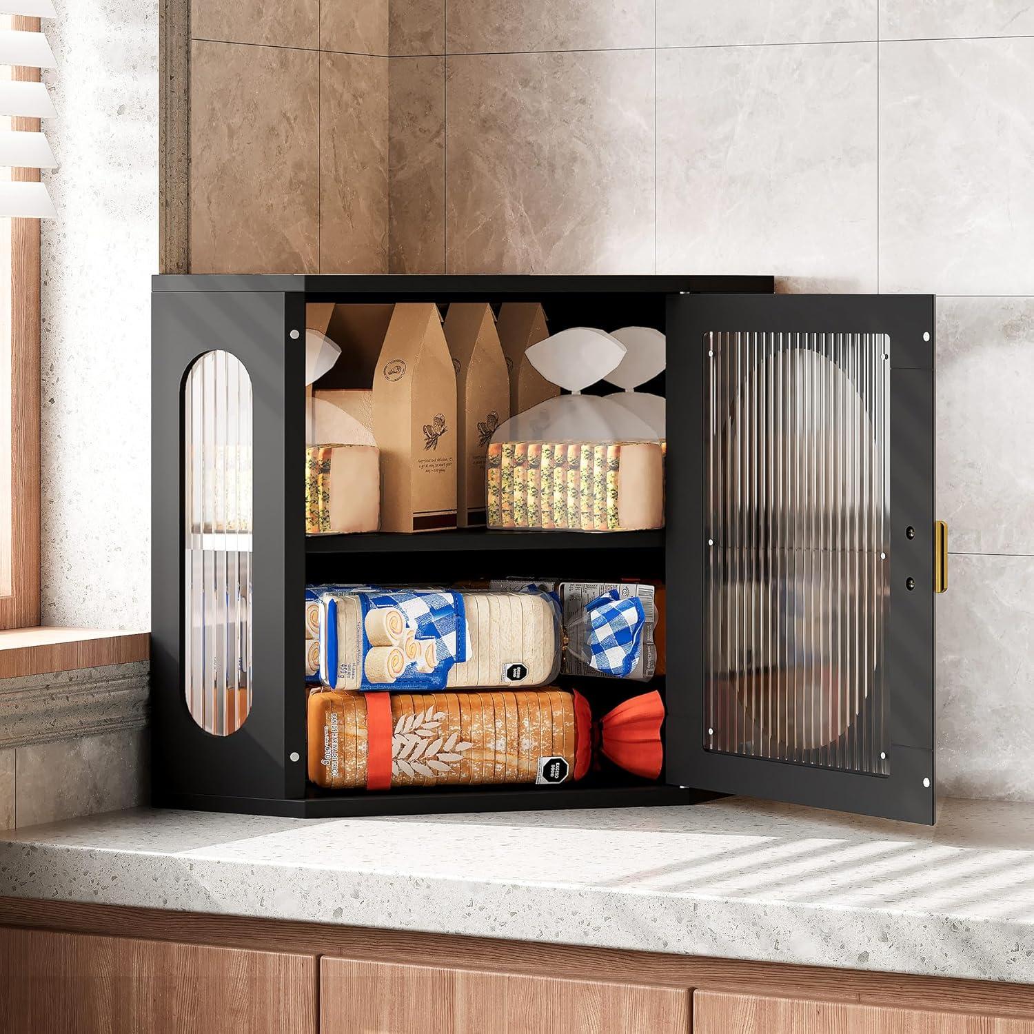 Hokku Designs Corner Bread Storage Container Double Layer Wooden Breadbox Homemade Bread Loaf Bin Farmhouse Coffee Bar Pantry Shelf With Acrylic Window, Black