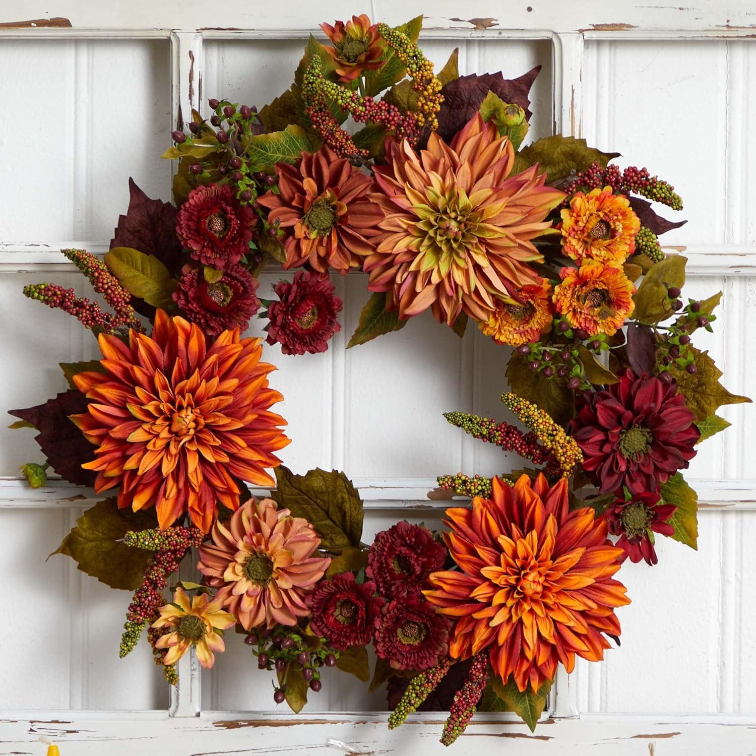 Nearly Natural 22-in Dahlia & Mum Wreath