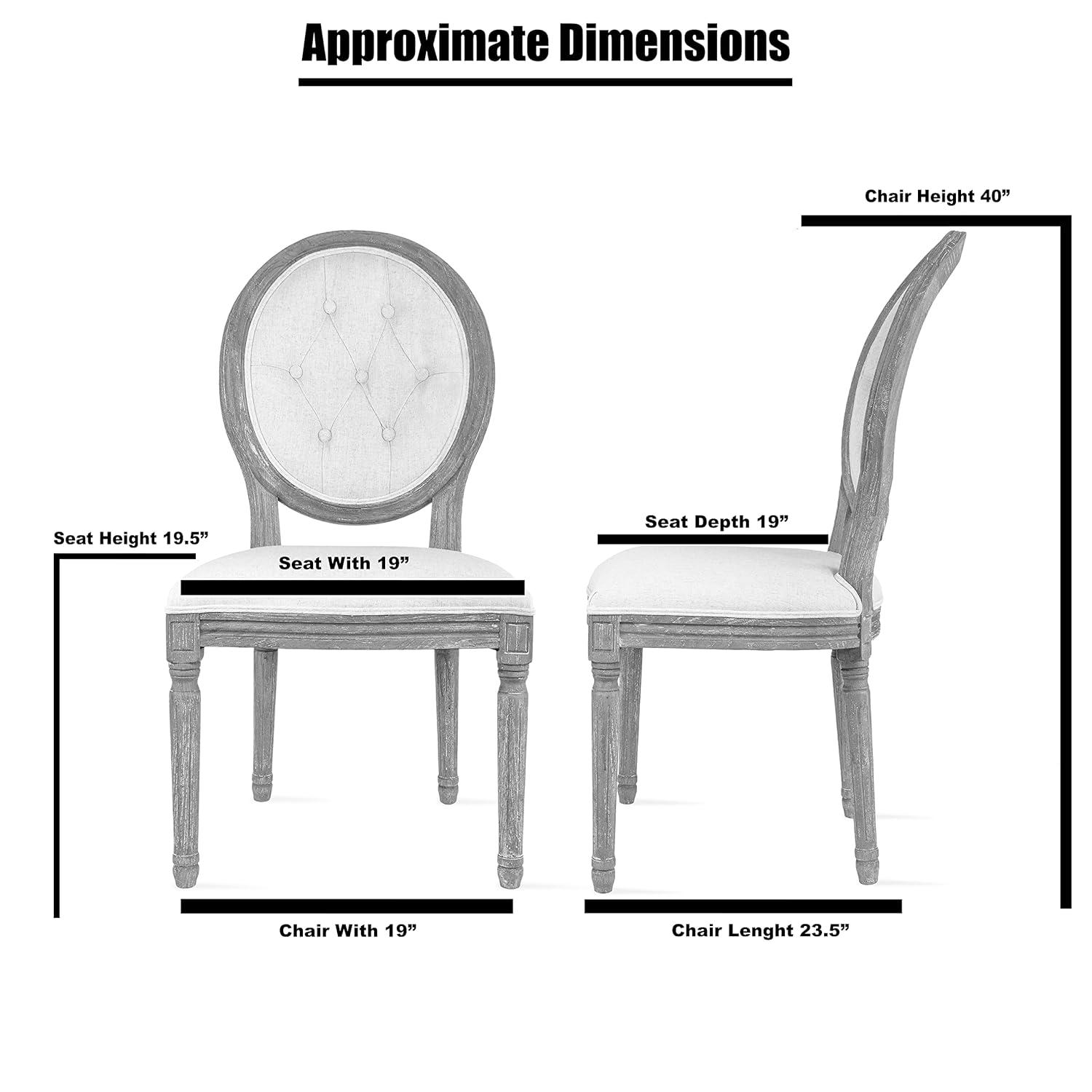 2xhome - French Chic Vintage Style Dining Side Chair With Upholstered Linen Welted Fabric And Elegant Natural Rustic Wood Frame - Tufted Button Oval Back