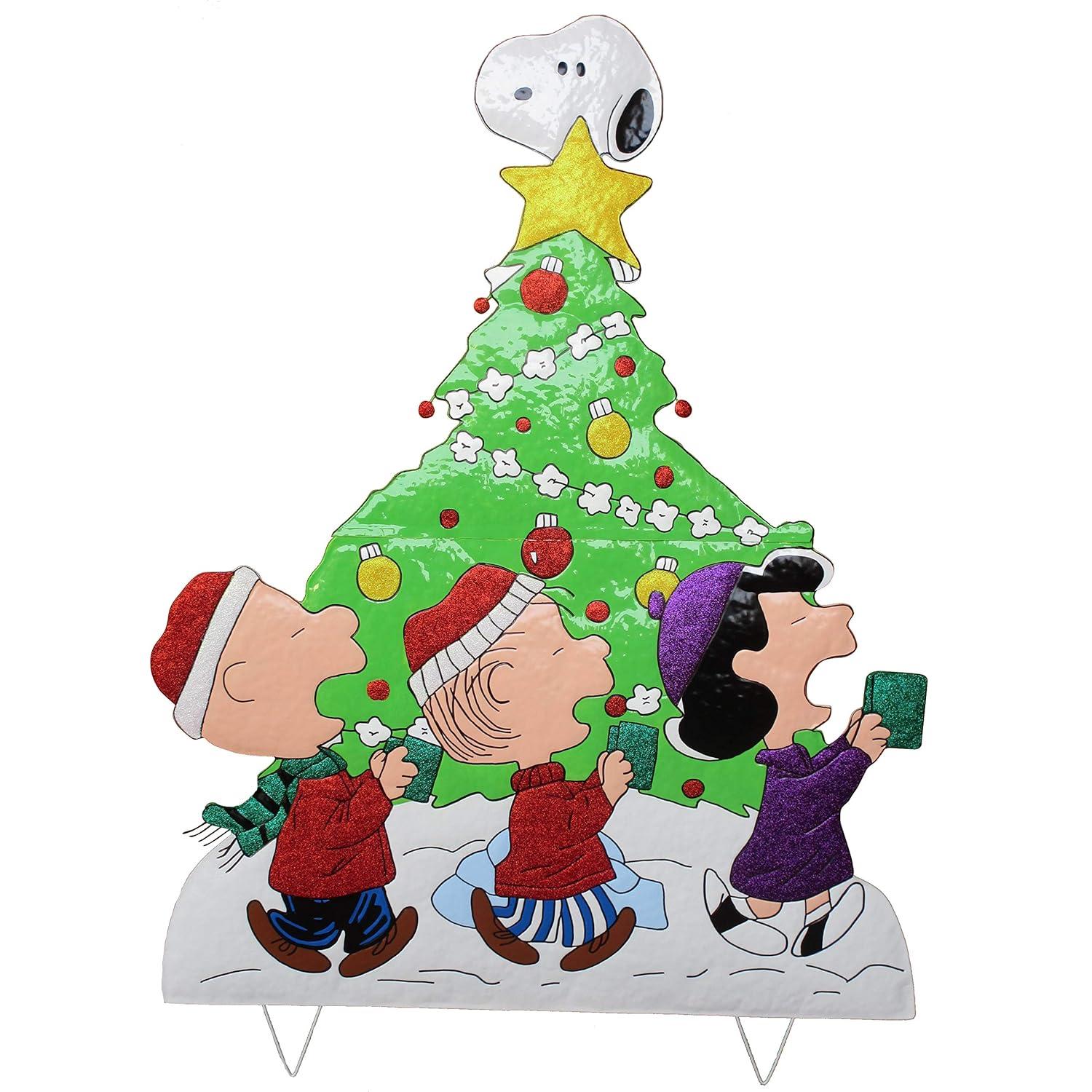 42" Peanuts Gang Caroling Around The Tree Metal Yard Art Christmas Decor - Features Charlie Brown, Snoopy, Linus and Lucy