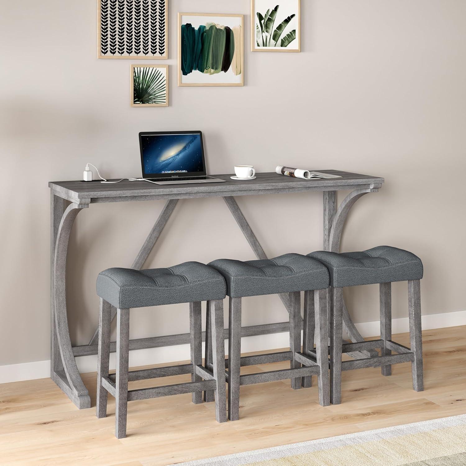 Bar Table Set With Power Outlet, Bar Table And Chairs Set, 4 Piece Dining Table Set, Industrial Breakfast Table Set, For Living Room, Dining Room, Game Room