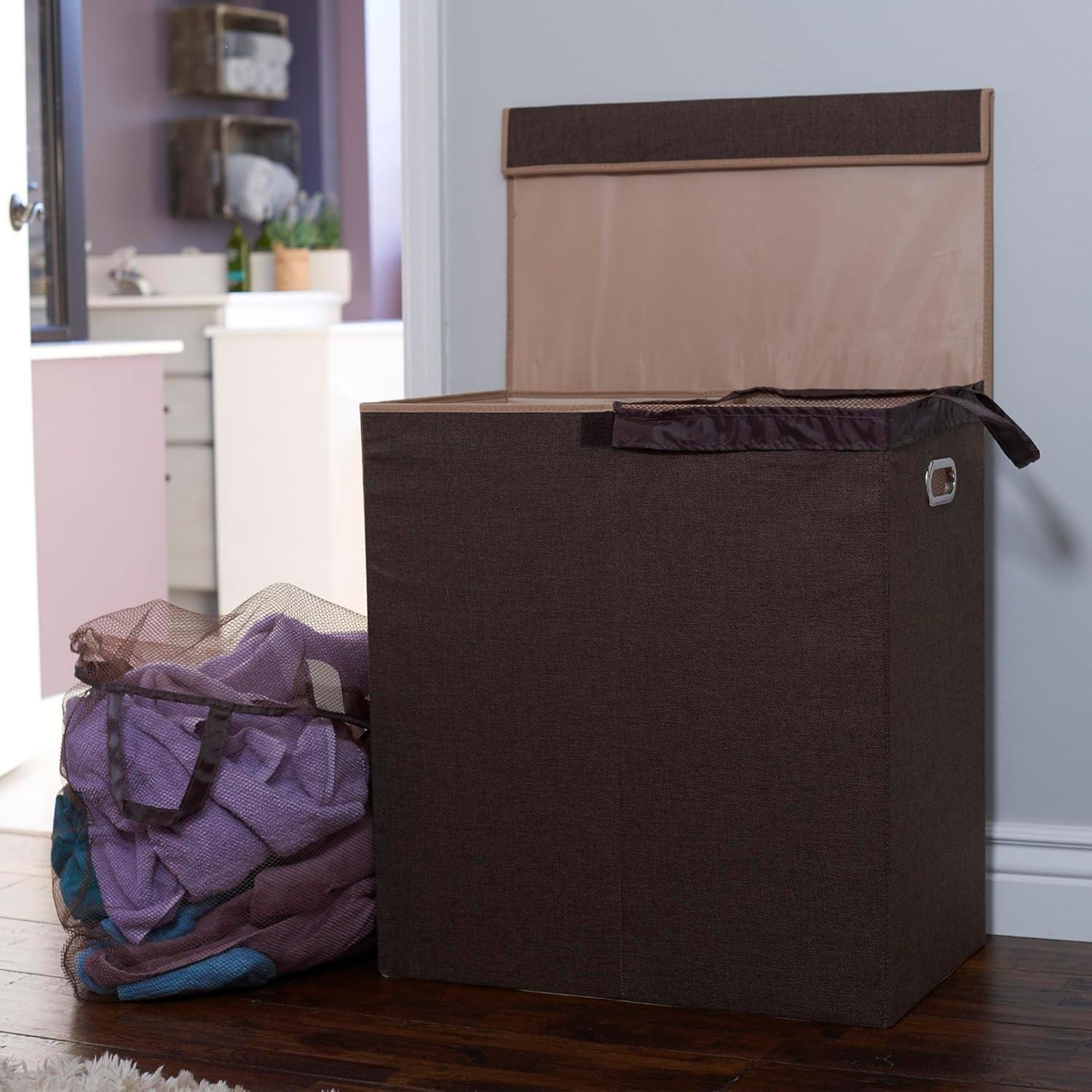 Double Laundry Hamper with Lid, Two Compartments for Easy Sorting with Removable Liner, Collapsible, Brown Linen 5614