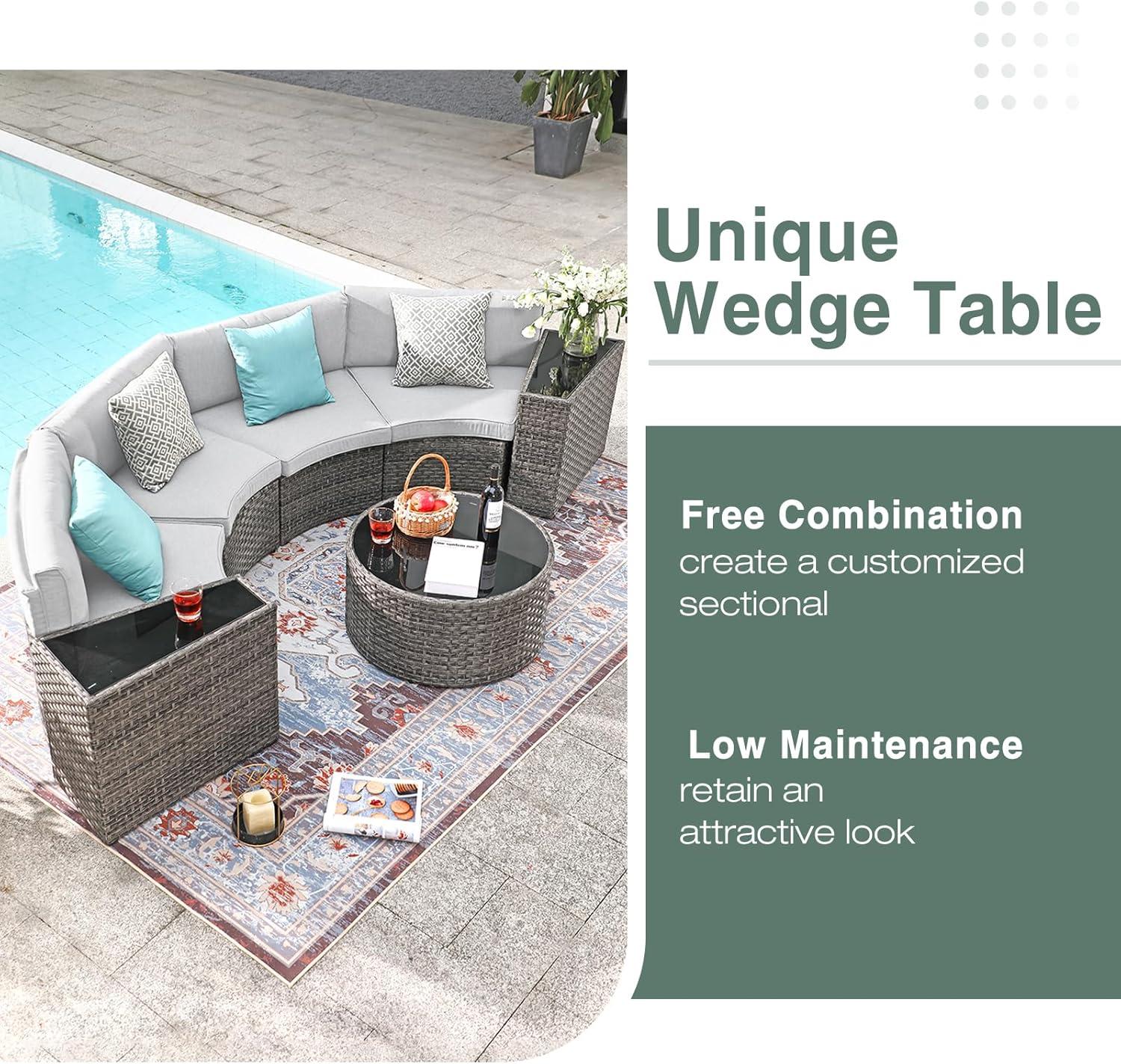 SUNSITT Outdoor Patio Furniture Sectional 7-Piece Half-Moon Curved Outdoor Sofa Set with Round Coffee Table, 4 Pillows & Waterproof Cover, Grey Rattan