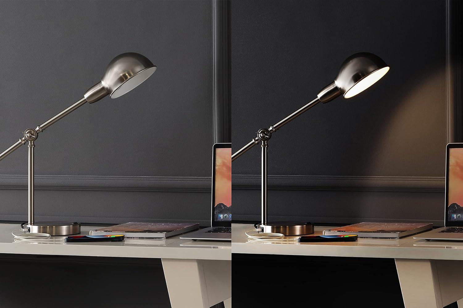 JONATHAN Y Curtis 20.25" Vintage Industrial Iron Adjustable Dome Shade LED Task Lamp with USB Charging Port, Nickel, JYL7123B