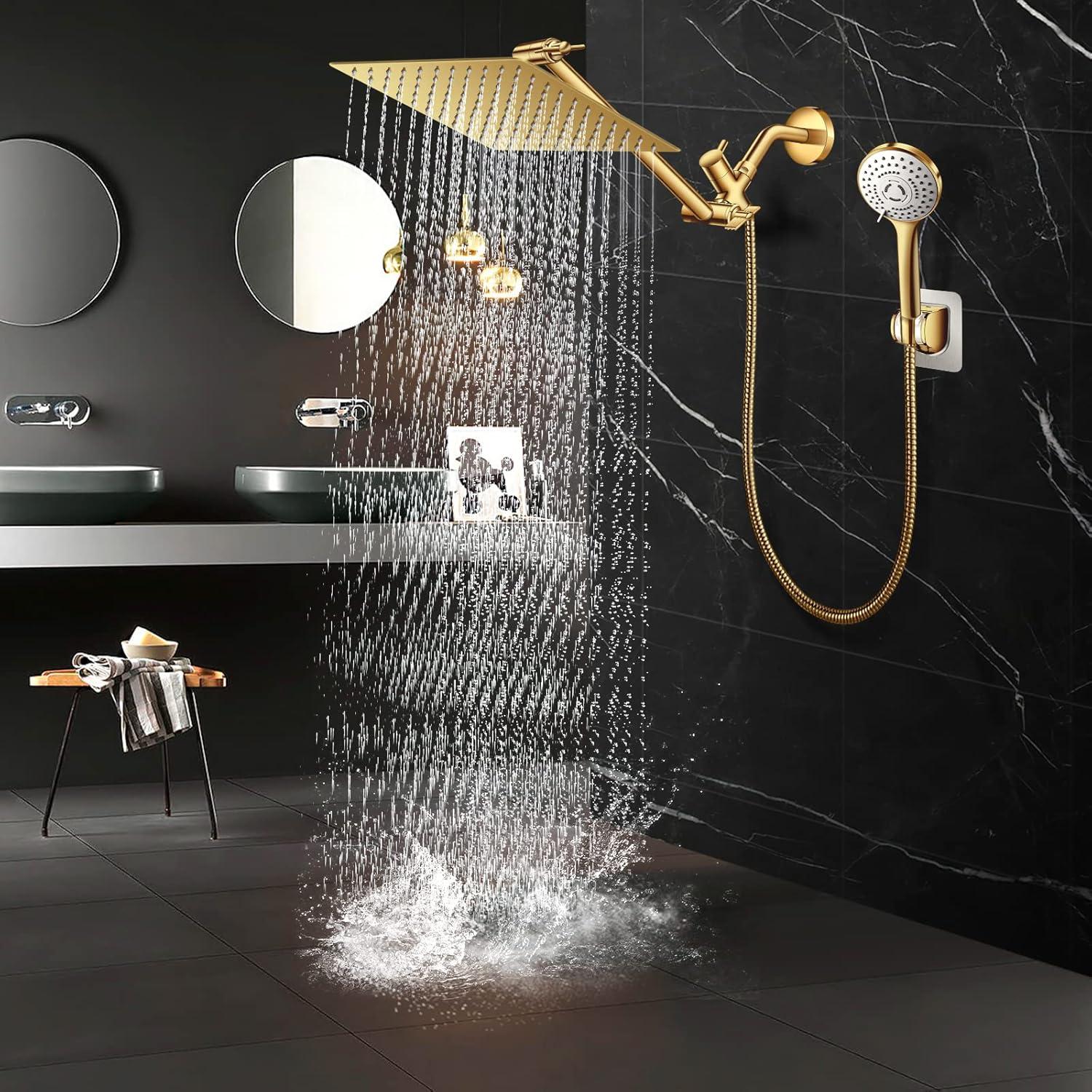 12'' Shower Head with Handheld, High Pressure Rainfall Shower Head Combo with 11'' Adjustable Extension Arm, 5 Setting Hand Held Shower Head with 60 Inch Shower Hose. Anti-Leak (Gold)