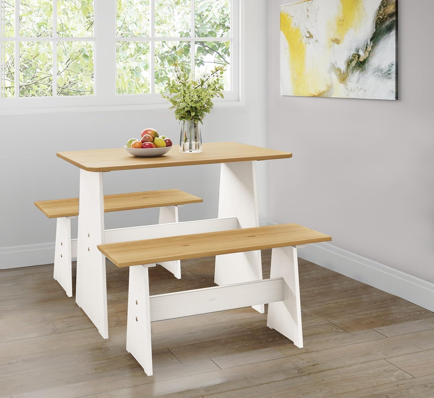 Natural and White Pine Wood Dining Table Set with Benches