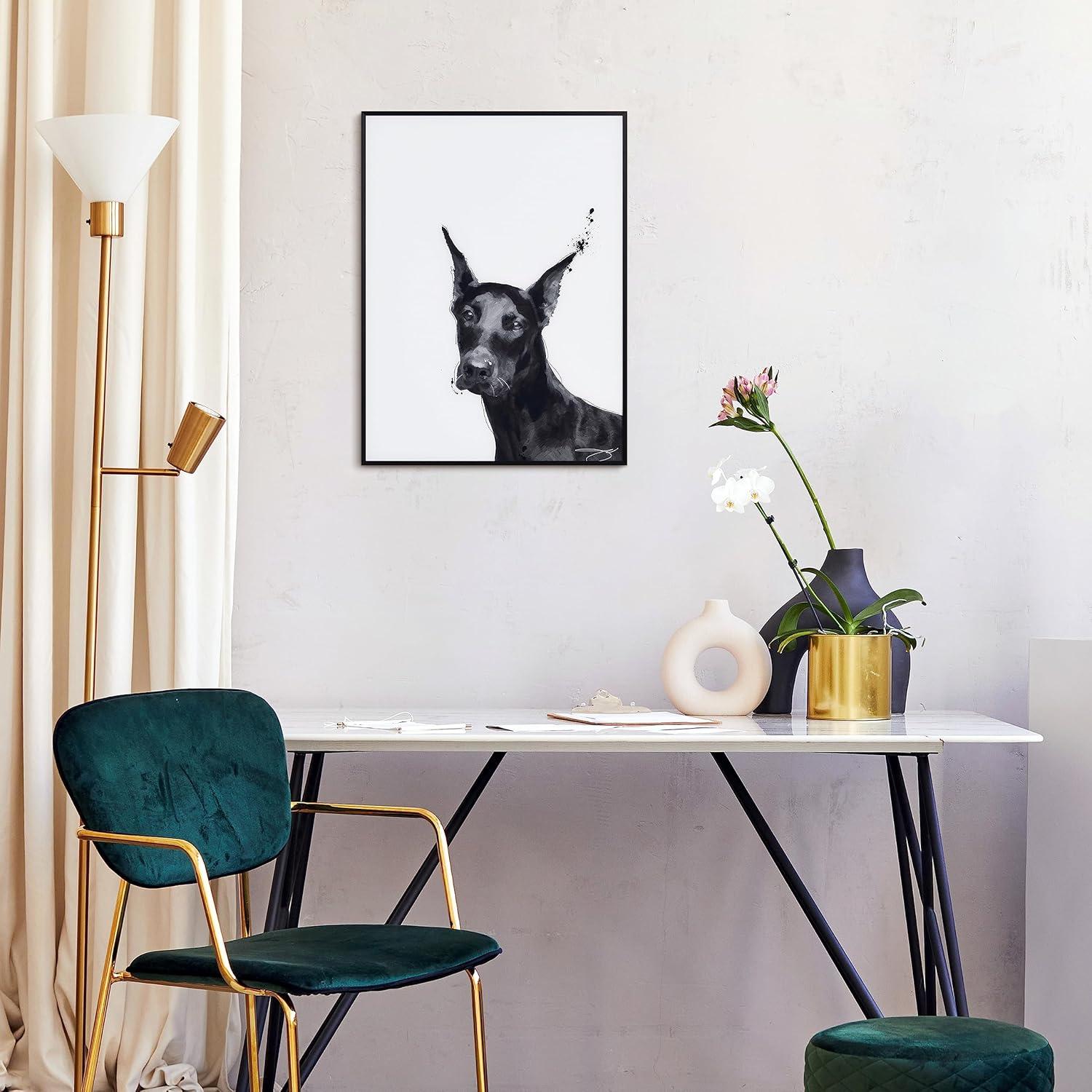 "Doberman" Black and White Pet Paintings on Printed Glass Encased with a Gunmetal Anodized Frame