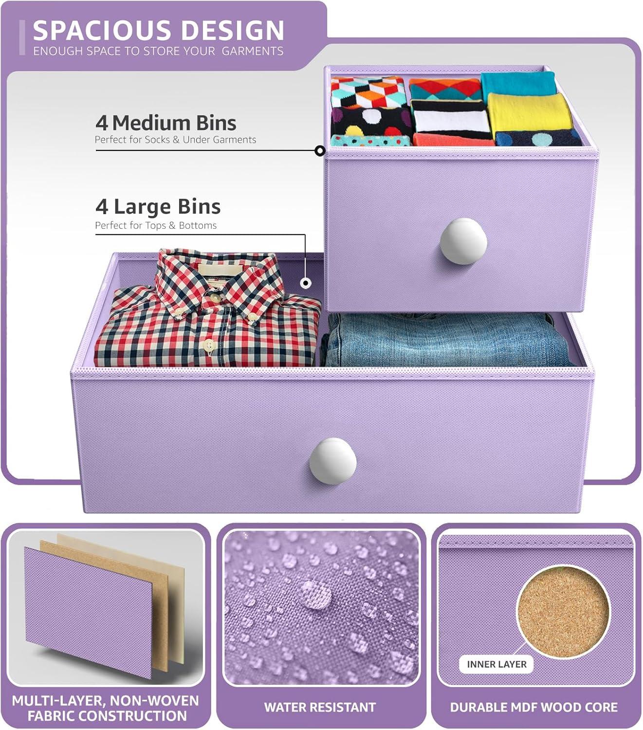 Drawer Purple Dresser Steel Frame Wood Top Easy Pull Fabric Bins 11.81 in. L x 39.37 in. W x 30.7 in. H 8