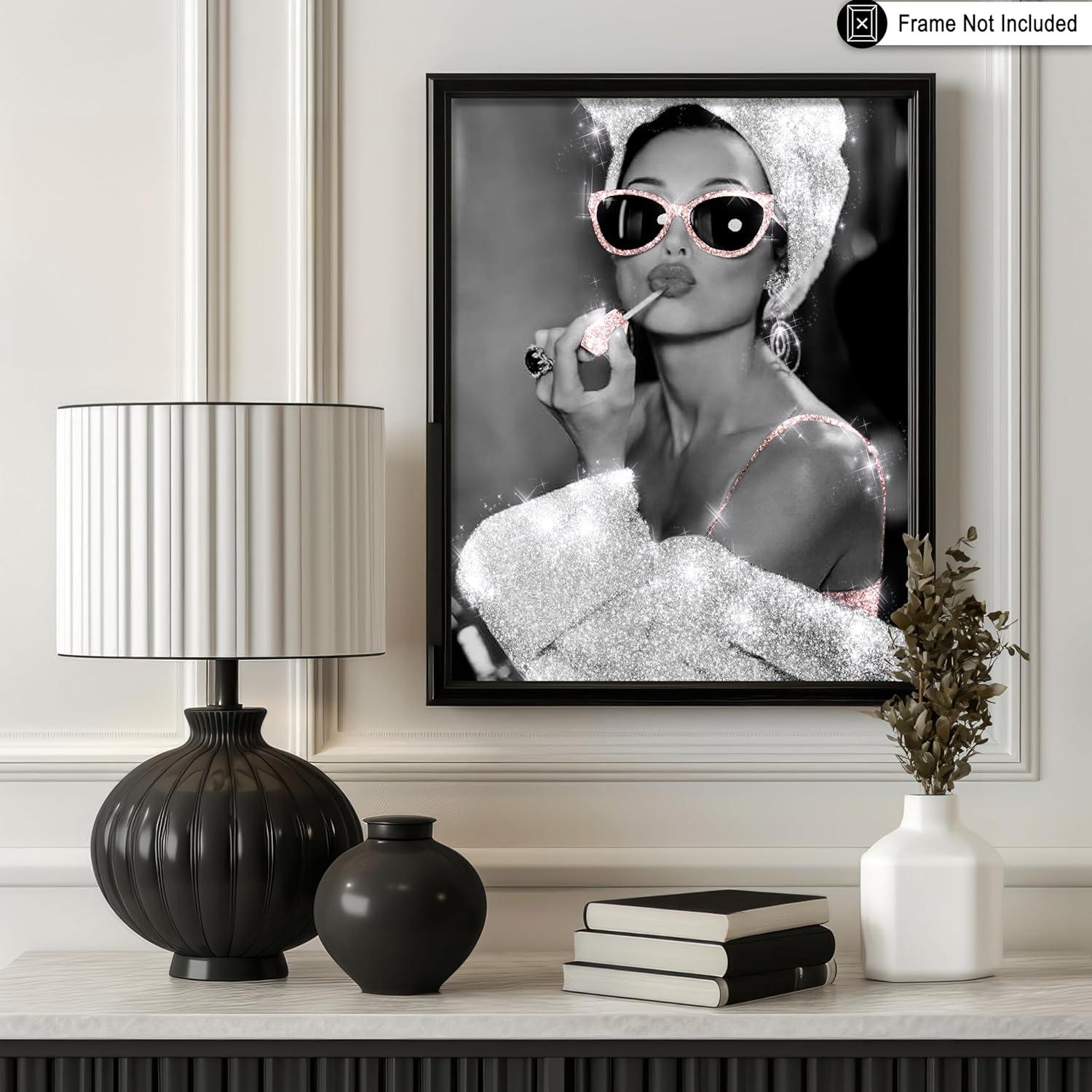 Poster Master Fashion Poster - Lady in Glitter Sunglasses Print - Lipstick Art - Modern Art - Trendy Art - Gift for Women & Fashionista - Wall Decor for Bedroom or Girls Room - 8x10 UNFRAMED Wall Art