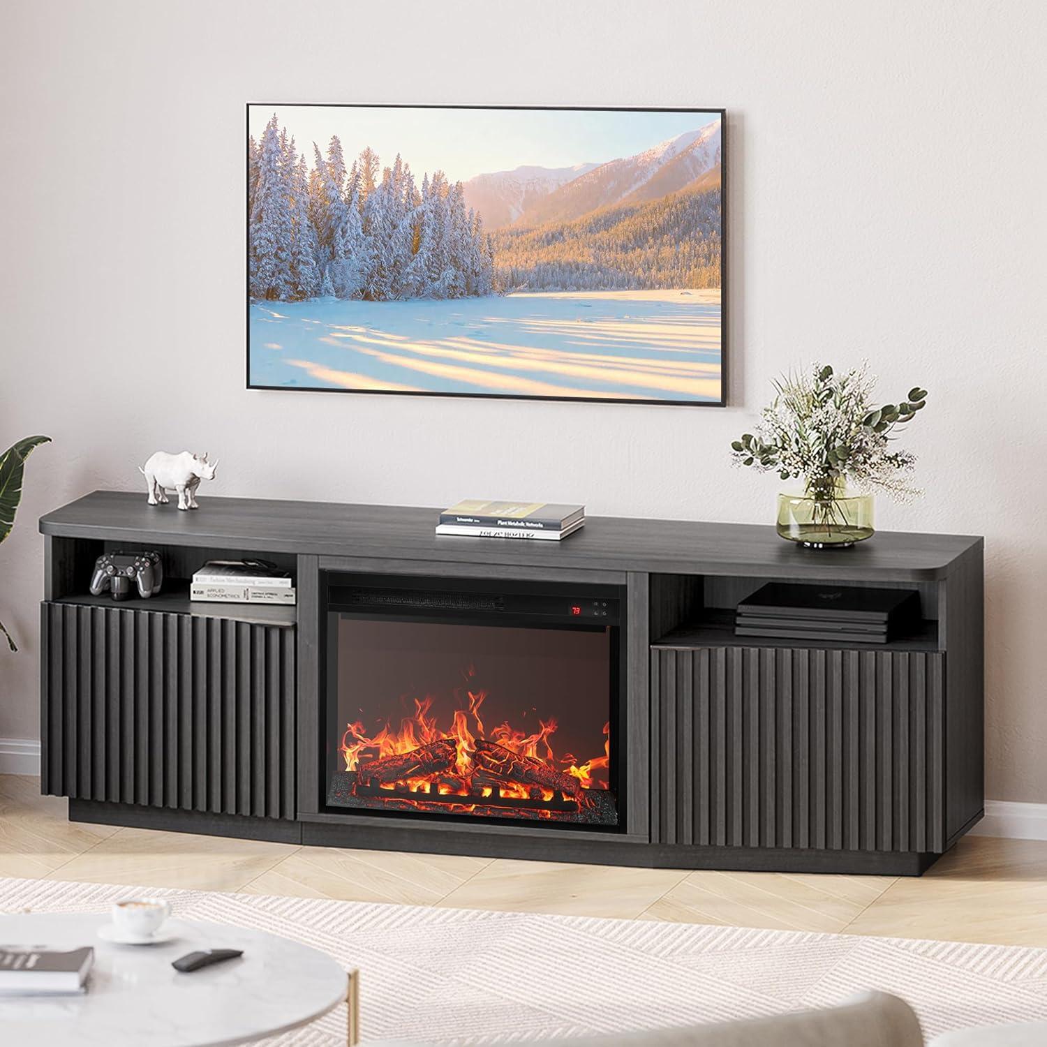 Ebony 68" TV Stand with Electric Fireplace and Storage