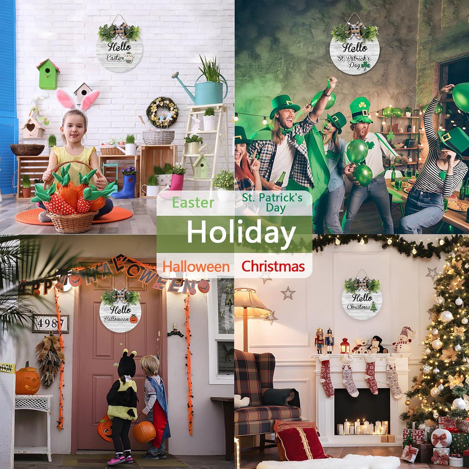 RoseCraft Interchangeable Wooden Seasonal White Welcome Sign, Rustic Welcome Front Door Wreaths for Home Wall Porch Decor, for Easter Spring Summer Fall Halloween Christmas All Season Decorations.