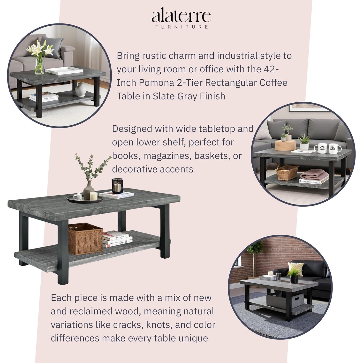42" Pomona Metal and Reclaimed Wood Coffee Table Slate Gray - Alaterre Furniture