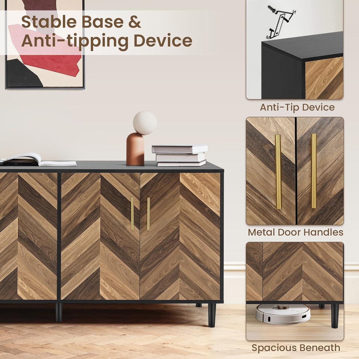 Accent Cabinet, Black Storage Cabinet with Doors Mid Century Modern Sideboard Buffet Cabinet with Storage Shelves Small Wood Accent Cabinets for Living Room Entryway Office, Brown Herringbone