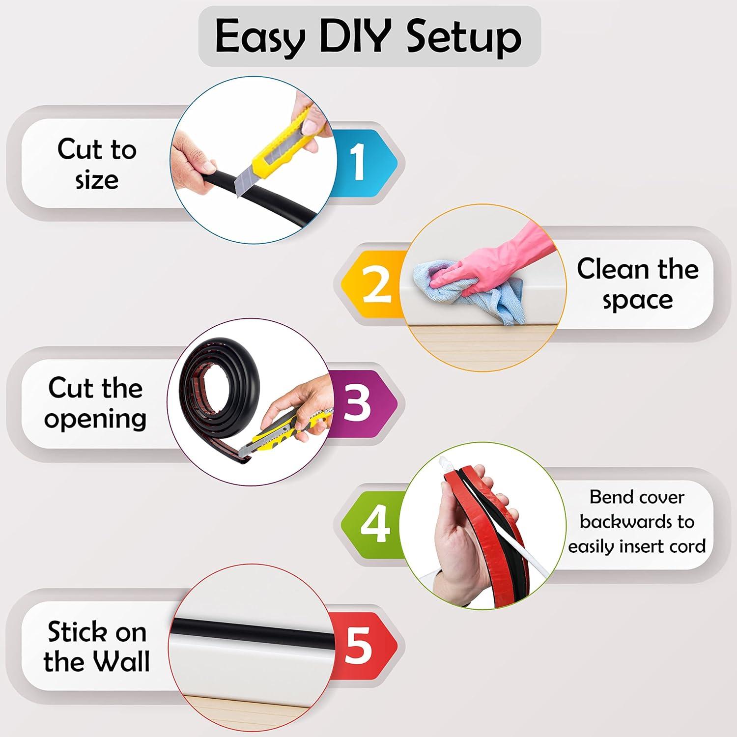 Rubber Bond TV Cord Hider Cable Protector - Strong Self Adhesive Wall Cord Cover Cable Hider - Low Profile Cable Management Wall Cord Concealer Cable Raceway - White - Thin Cord - 4 Feet