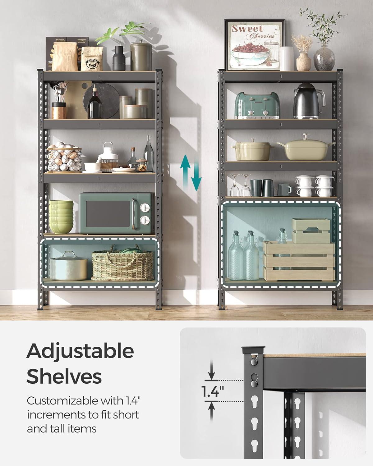 SONGMICS 5-Tier Storage Shelves Metal Garage Storage Boltless Assembly Adjustable Shelving Unit 11.8 x 29.5 x 59.1 Inches Load 1929 lb for Shed Warehouse Basement Kitchen Gray