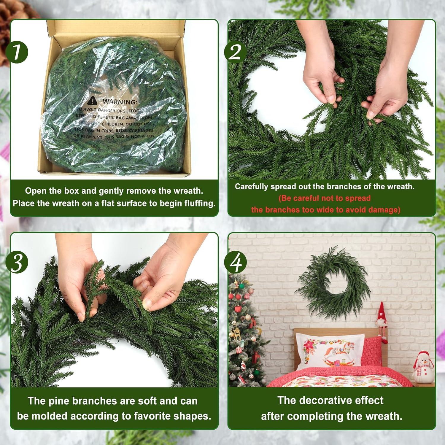 MUYIER 24" Real Touch Norfolk Pine Wreath for Front Door Artificial Christmas Wreath Green Faux Pine Wreath