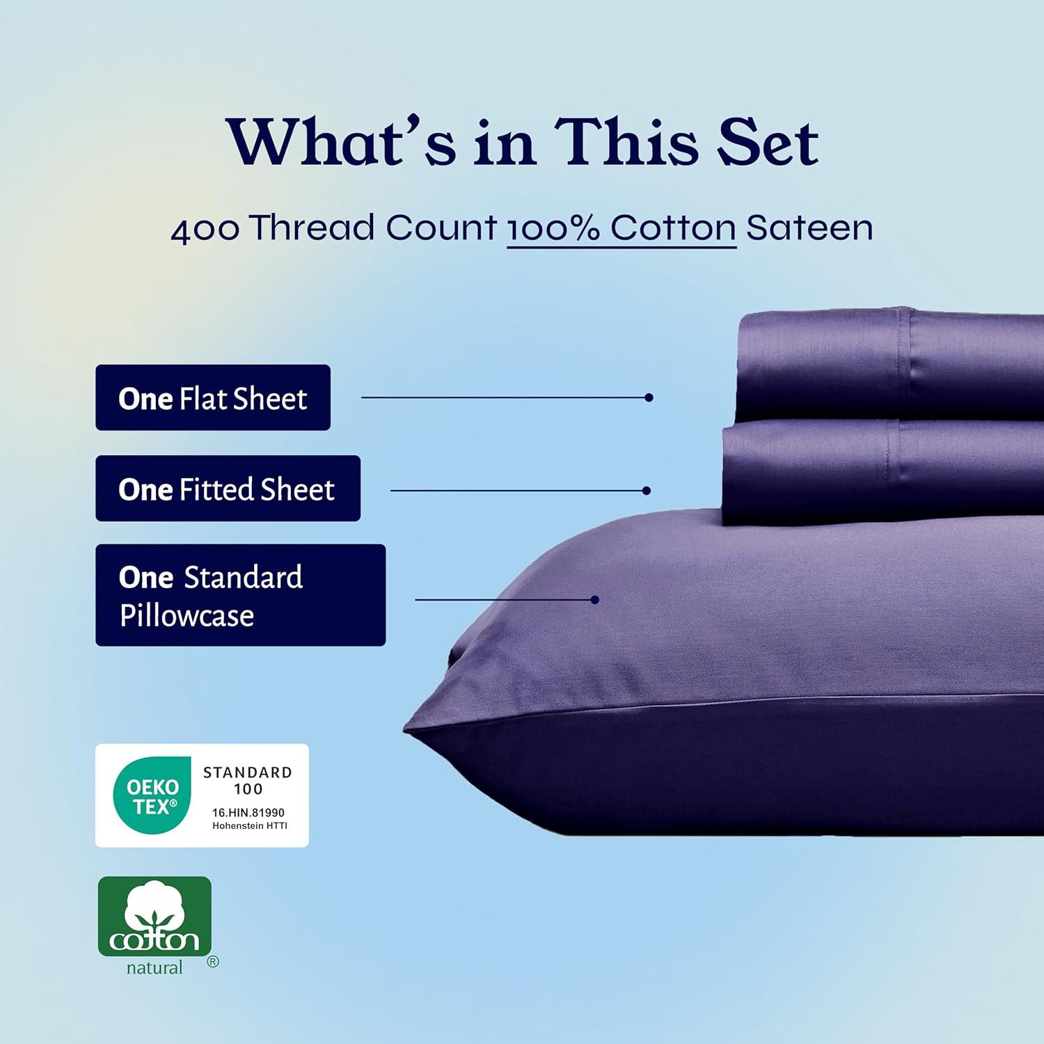 California Design Den Twin Sheets Set - Soft 400 Thread Count Sateen, Natural 100% Cotton Sheets with Deep Pockets, Cooling and Durable Bedding Set - Purple