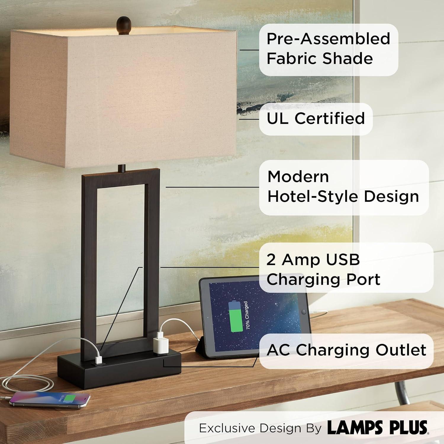 360 Lighting Todd Modern Table Lamp 30" Tall Bronze Rectangular with USB and AC Power Outlet in Base Oatmeal Fabric Shade for Living Room Office House