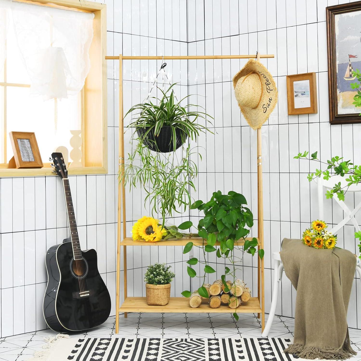 Natural Bamboo Freestanding Garment Rack with 2-Tier Shelves