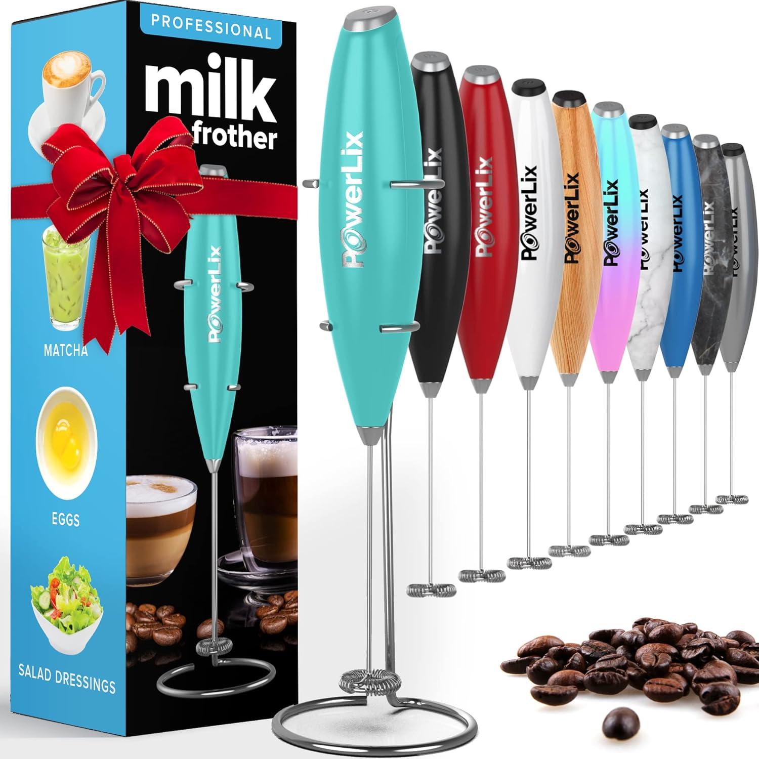 PowerLix Milk Frother Handheld Battery Operated Electric Whisk Foam Maker For Coffee With Stainless Steel Stand Included  - Carribean Aqua
