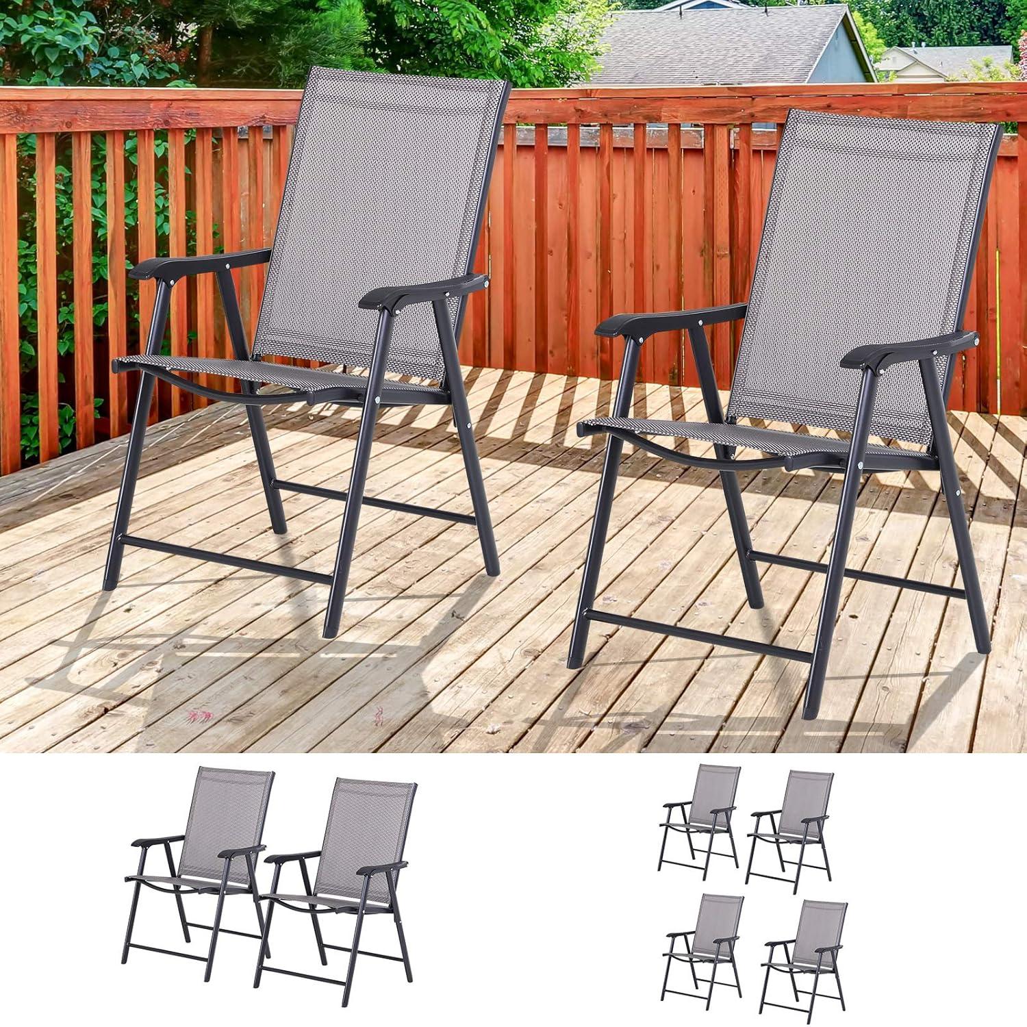 Outsunny Set of 2 Patio Folding Chairs, Stackable Outdoor Sling Chairs with Armrests for Lawn, Camping, Dining, Beach, Metal Frame, Gray