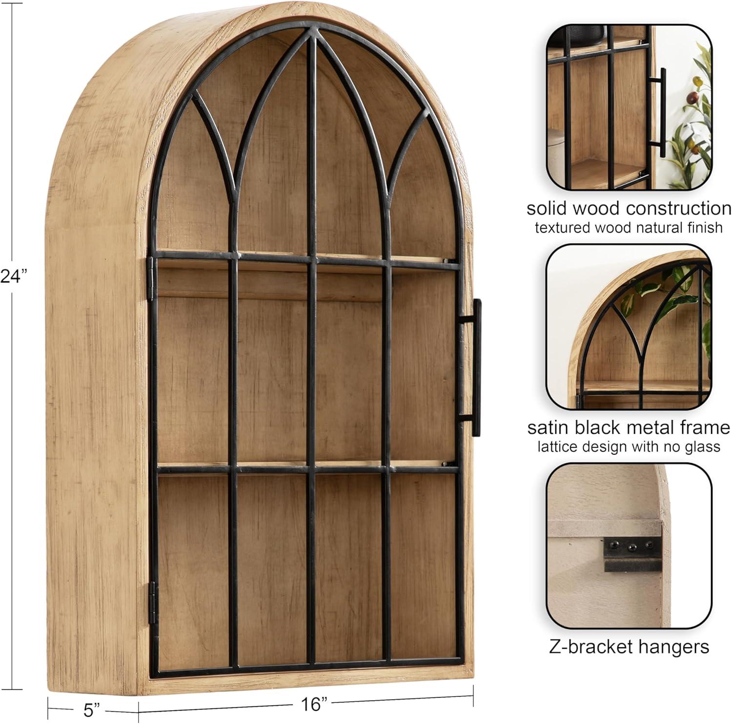 Natural Wood and Black Arched Wall Cabinet with Metal Door