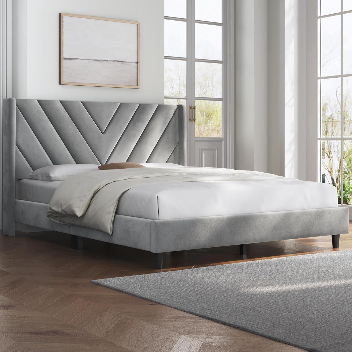 Light Gray Full Upholstered Bed Frame with Tufted Headboard