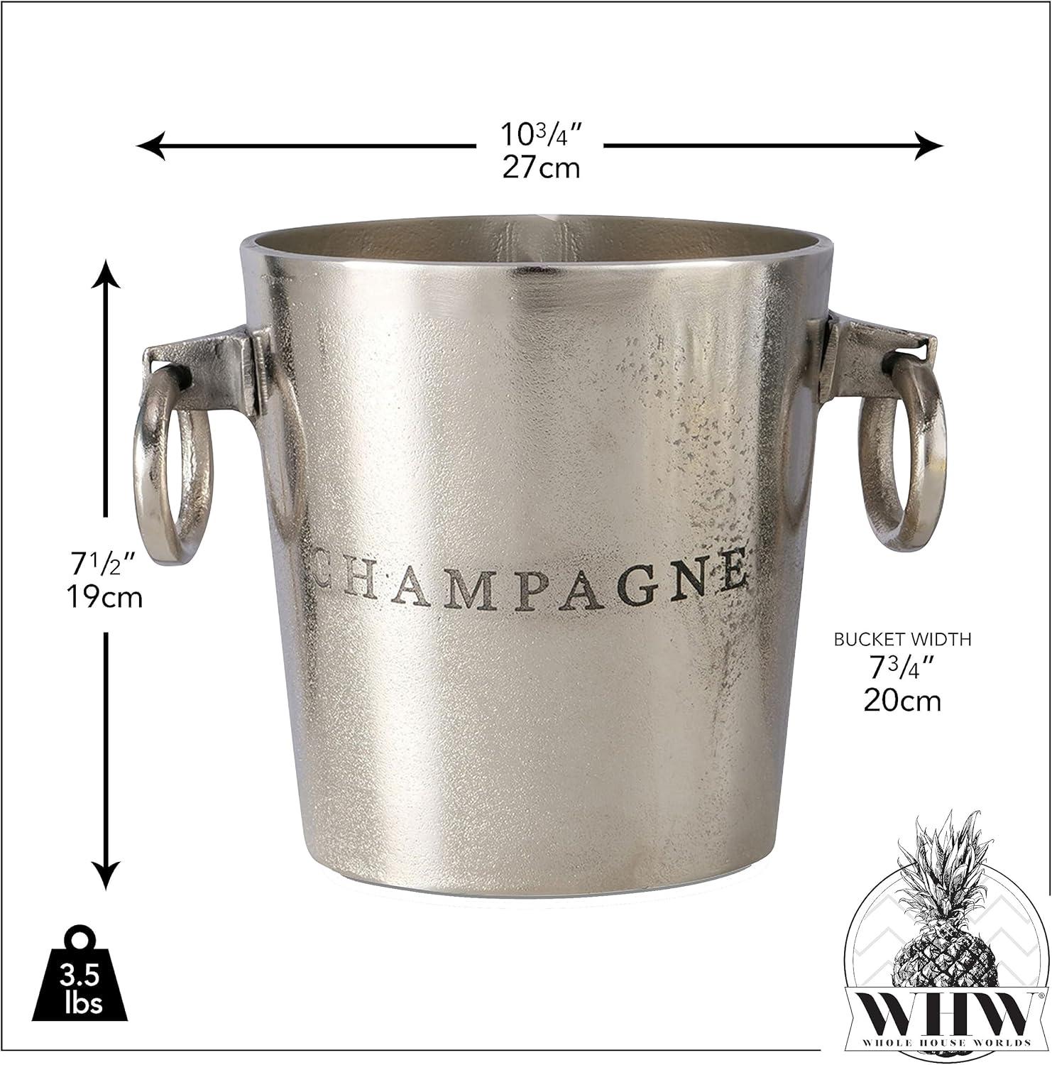 Luxury Champagne Ice Bucket, Elegant Script Text Details, Hand Cast, Silver Aluminum, 18.5 inches