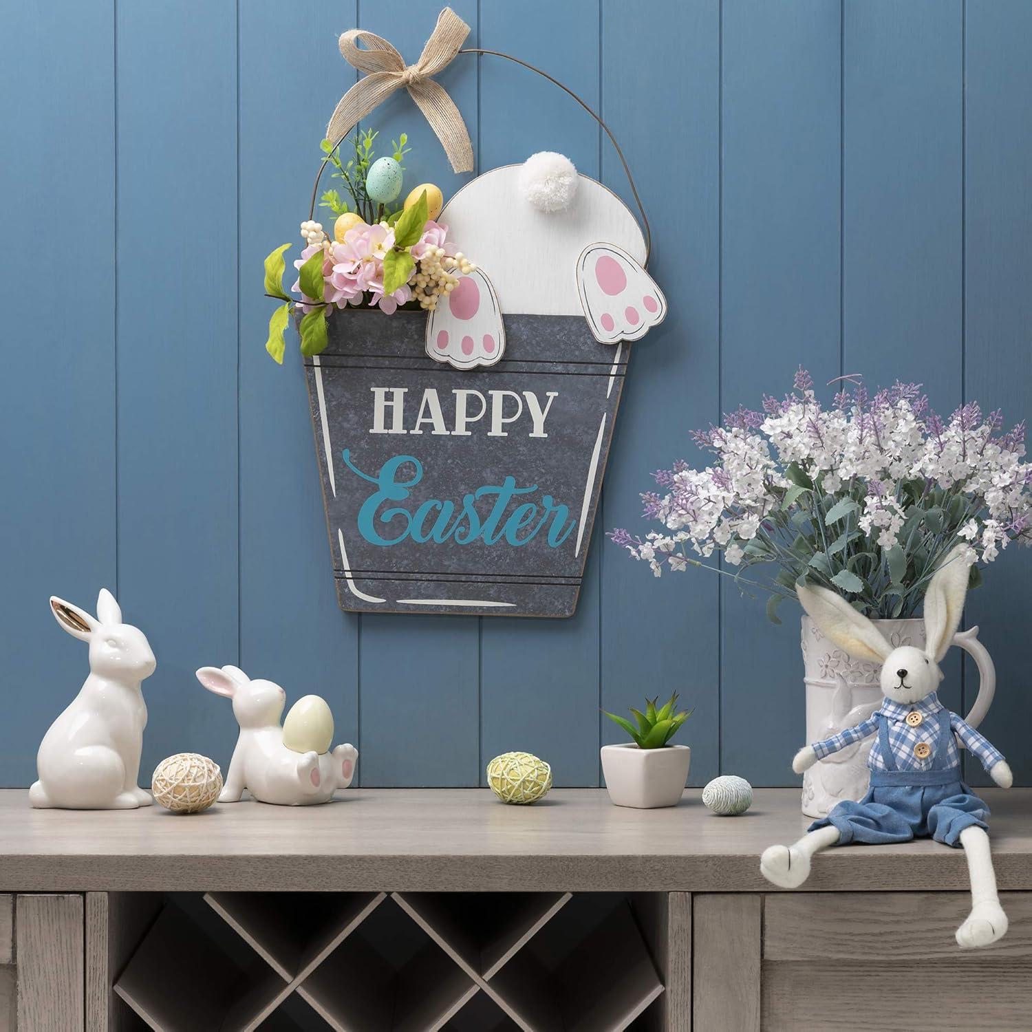 Glitzhome 18 Inch Wooden Easter Bunny Hanging Decoration,"Happy Easter" Rabbit Welcome Sign wood Bunny Eggs Easter Decorations for Door Home Garden Spring Party