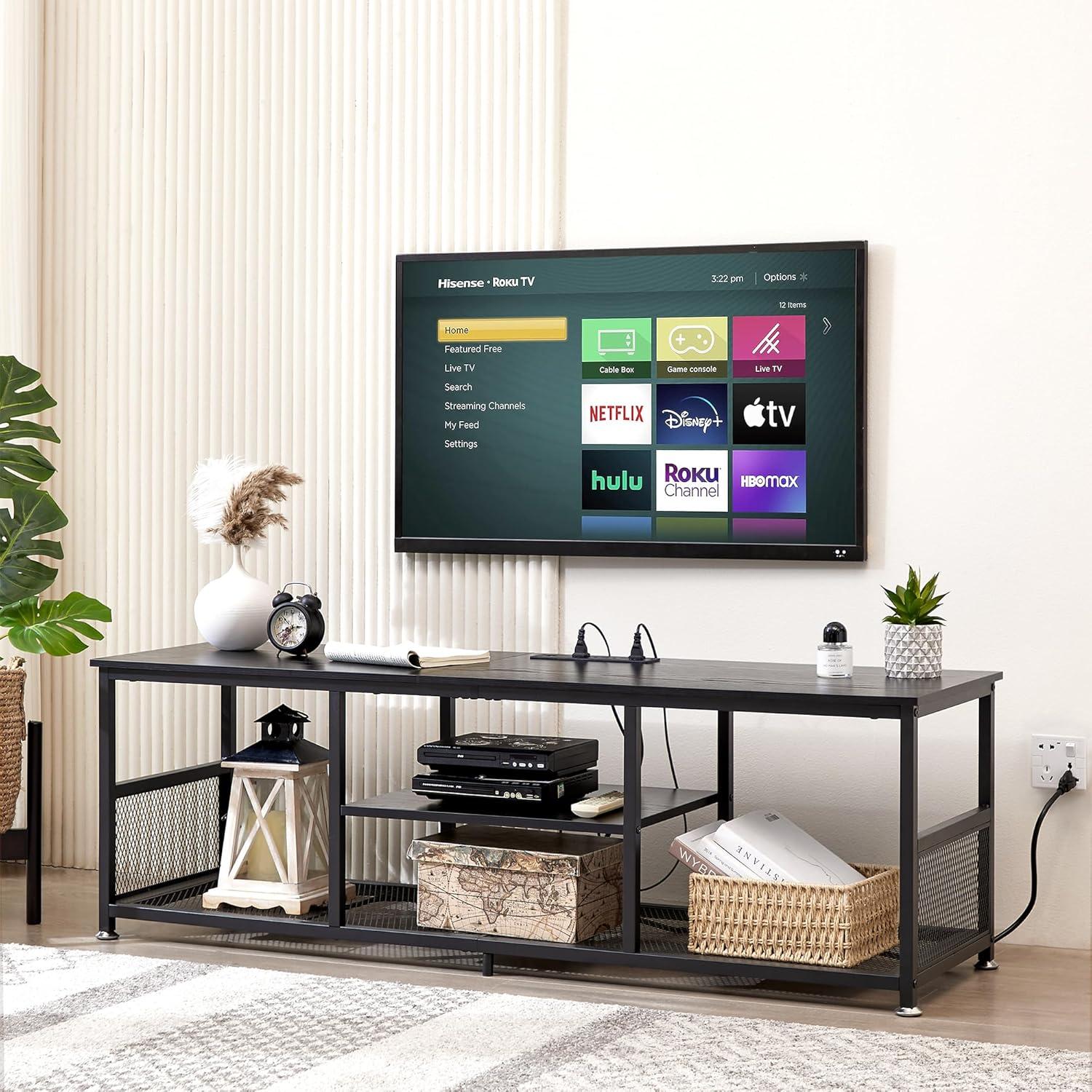 VECELO TV Stand with Power Outlets for Televisions up to 55 Inch, 47" Media Entertainment Center with Charging Station 3-Tier Open Storage Shelves with Metal Frame for Living Room/Bedroom，Black