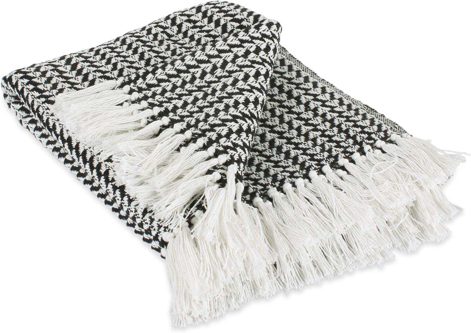 Black and White Cotton Woven Throw Blanket with Fringe