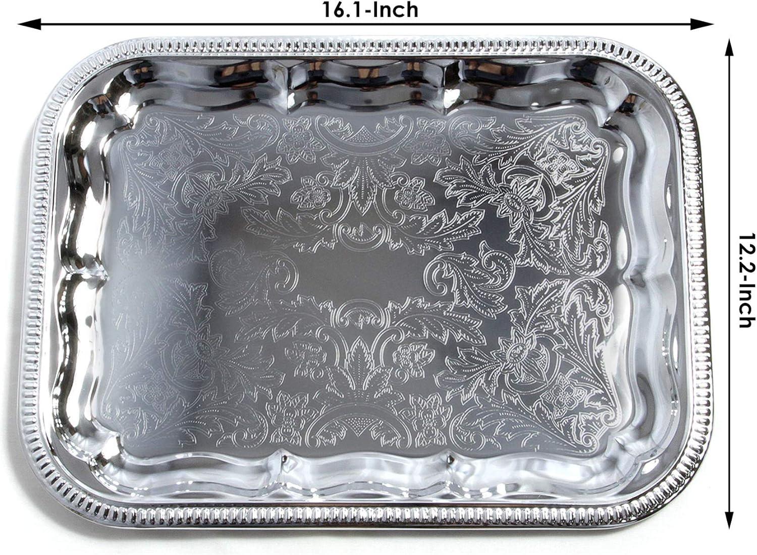 (Pack of 4 16.1-Inch x 12.2-Inch Oblong Rectangular Trim Victoria Floral Engraved Catering Chrome Plated Serving Plate Mirror Food Candle Deco Art Tray Platter Party(Medium) T227-4pk