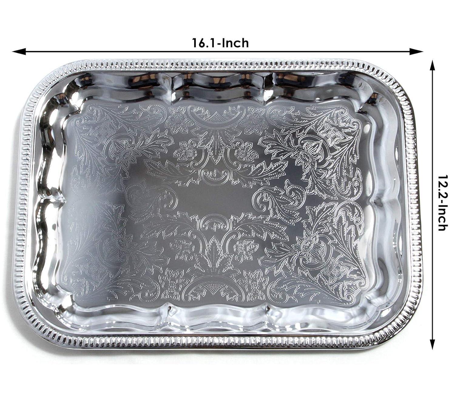 (Pack of 4 16.1-Inch x 12.2-Inch Oblong Rectangular Trim Victoria Floral Engraved Catering Chrome Plated Serving Plate Mirror Food Candle Deco Art Tray Platter Party(Medium) T227-4pk