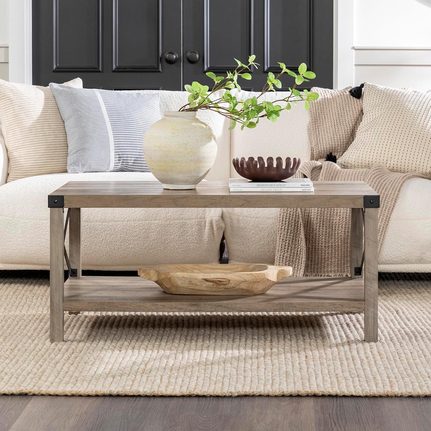 Walker Edison Farmhouse Open Storage Coffee Table, Sable