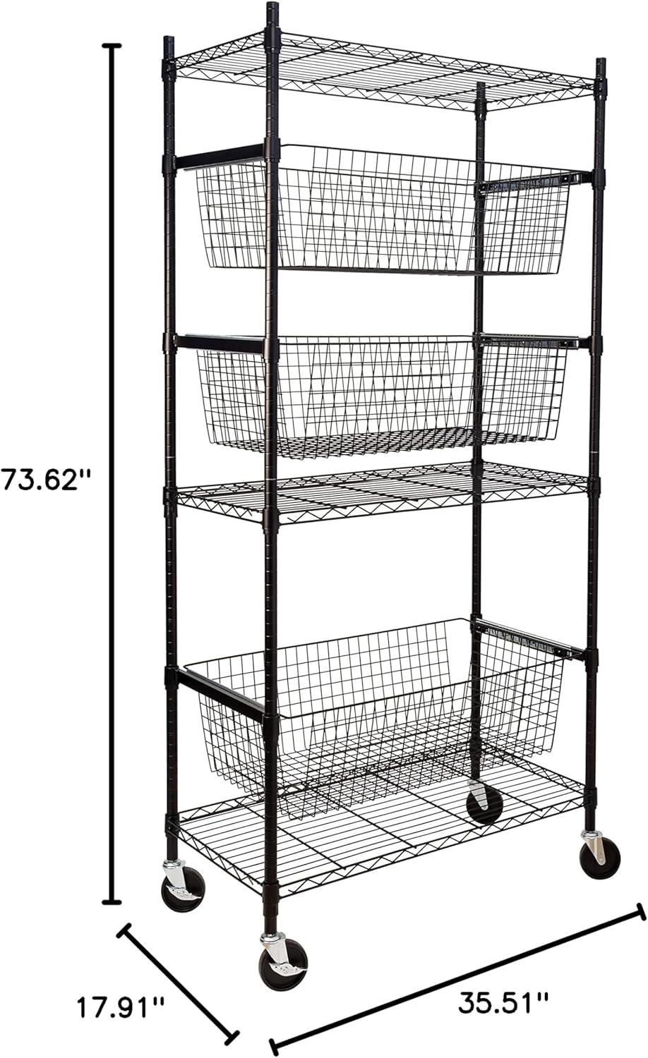 Honey-Can-Do 3-Shelf Steel Heavy-Duty Storage Shelves with 3 Pull-Out Baskets, Black, Holds up to 200 lb per Shelf